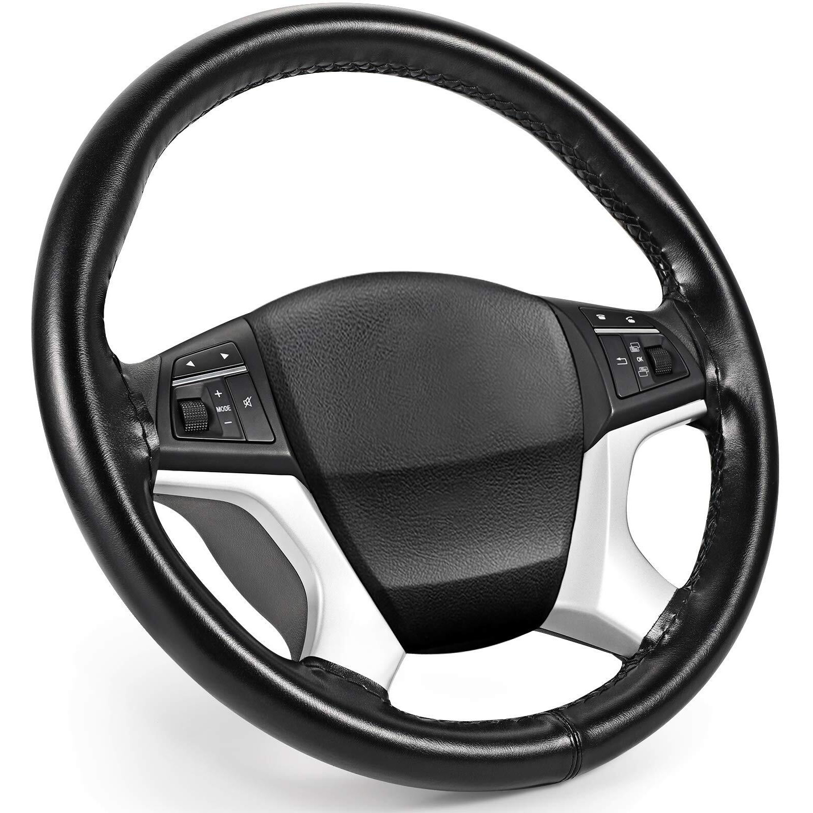 Seg Direct Genuine Leather Steering Wheel Cover, Stitch On Wrap, 15 Inch Steering Wheel Wrap For Car Truck Suv Pickup Boat, Diy Sewing With Needle Thread, Black