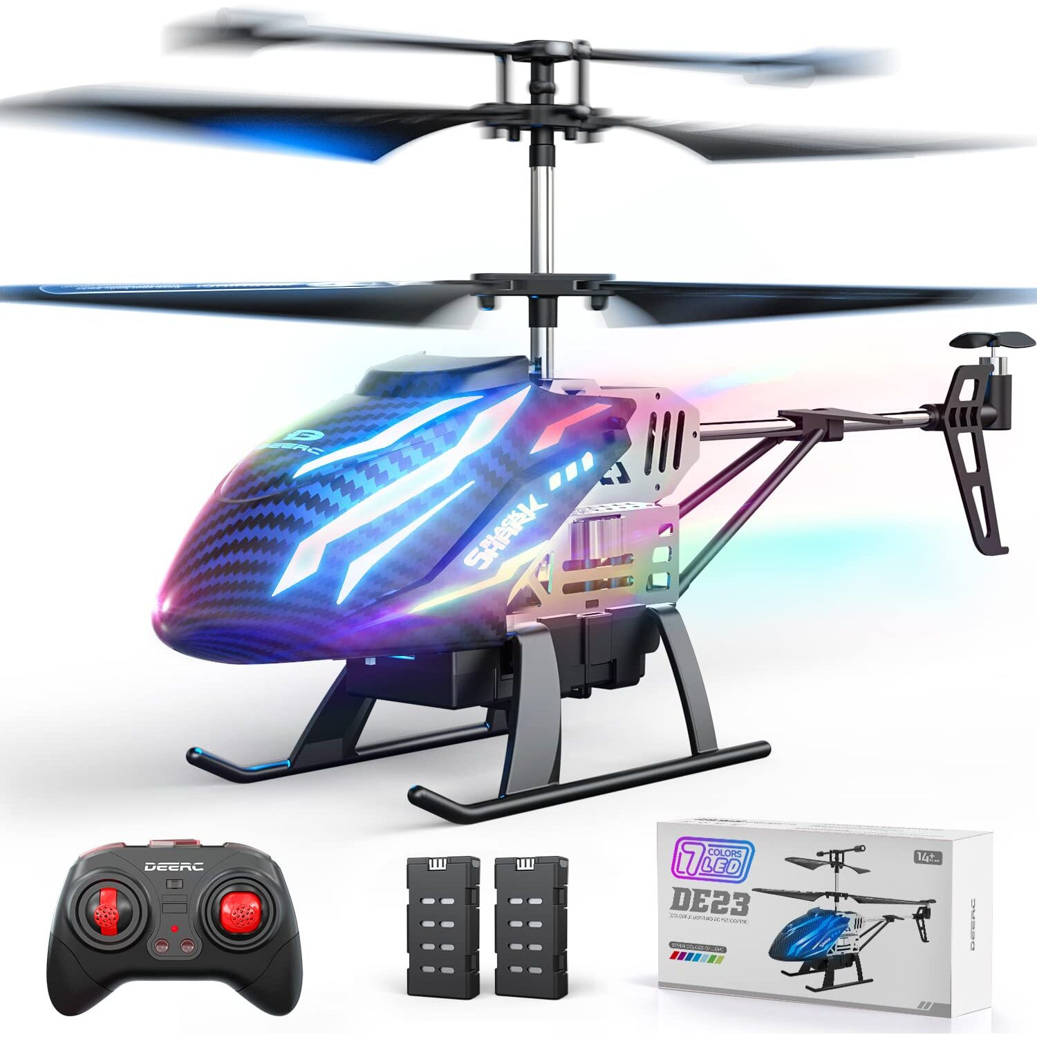 Deerc De23 Remote Control Helicopter, Rc Helicopters With 7 Colors Light, 2 Modular Battery For 24 Min Play, Altitude Hold, One Key Take Off/Landing, 2.4Ghz Aircraft Indoor Flying Toy For Boys Girls