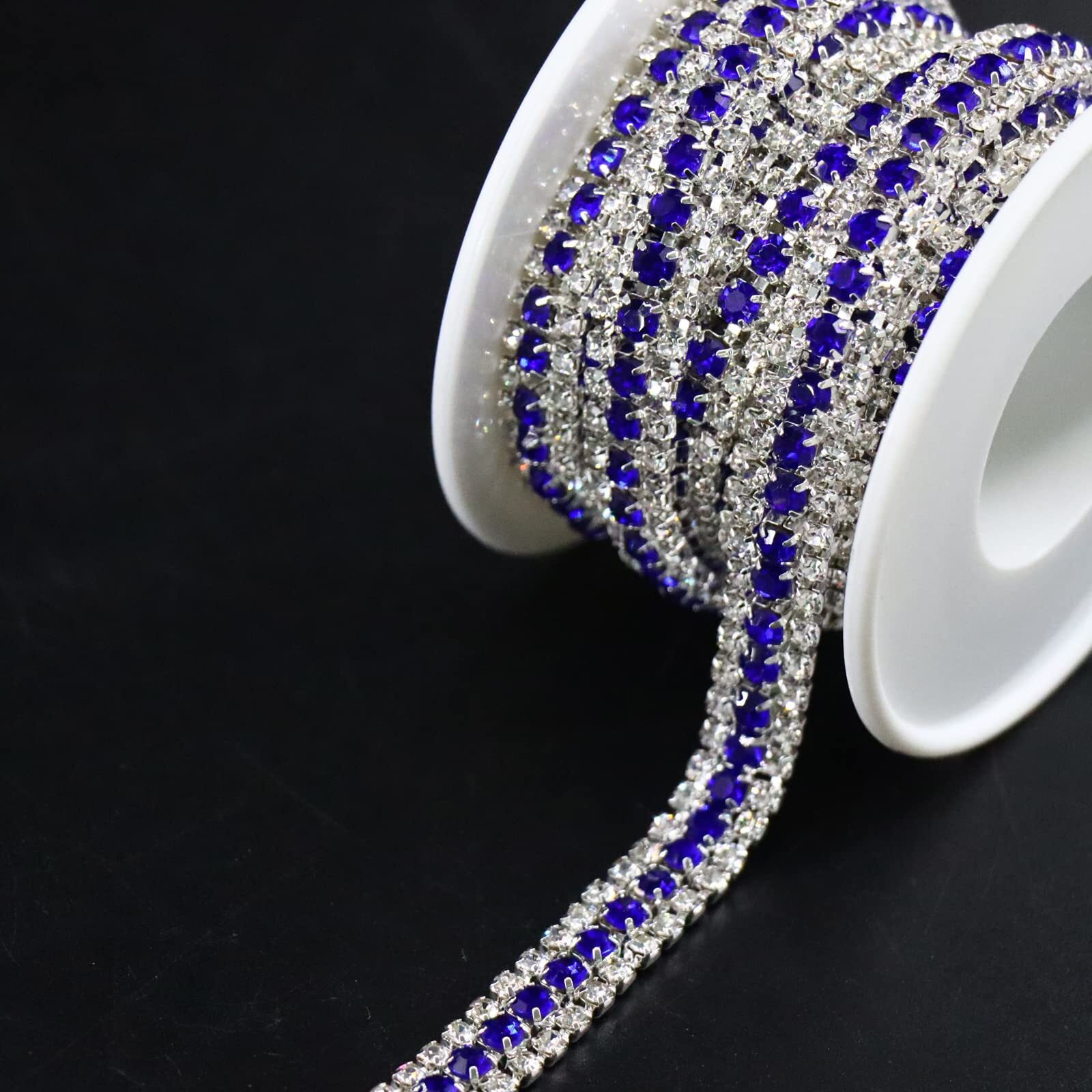 Jerler 3 Rows 5 Yards Rhinestone Trim Close Chain For Crafts Wedding And Clothing Decorations (Dark Blue)