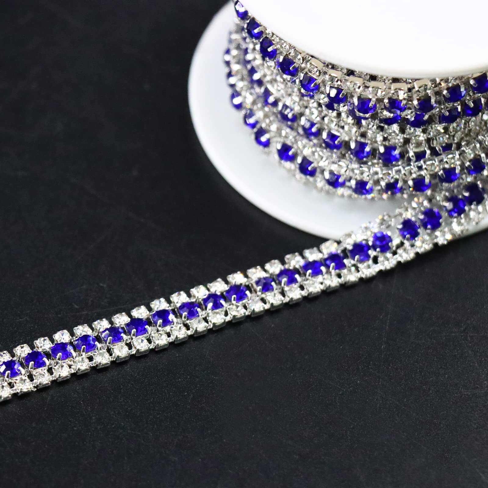 Jerler 3 Rows 5 Yards Rhinestone Trim Close Chain For Crafts Wedding And Clothing Decorations (Dark Blue)