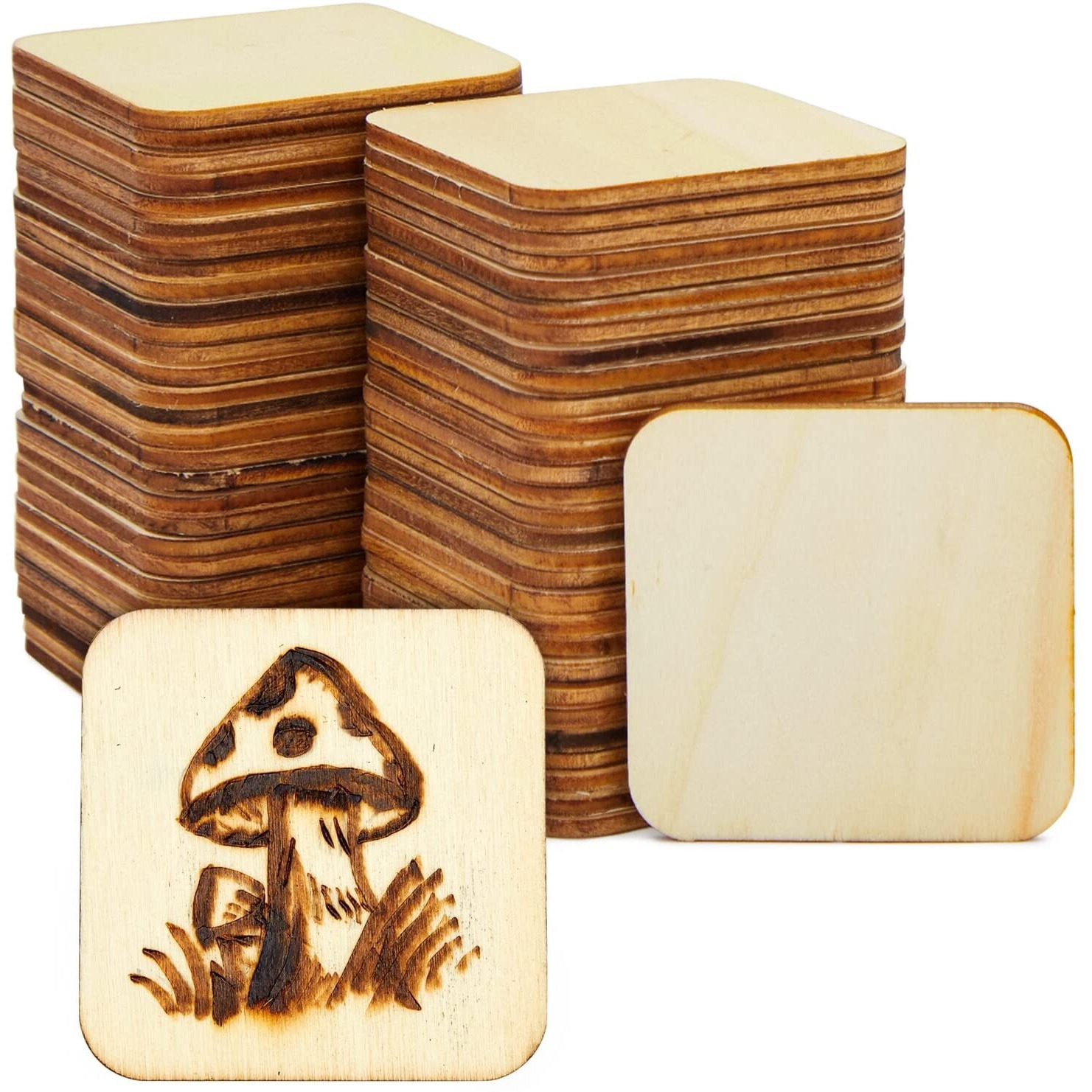 60 Pack 2X2 Wood Squares For Crafts, 2.5Mm Unfinished Wood Cutouts With Rounded Corners