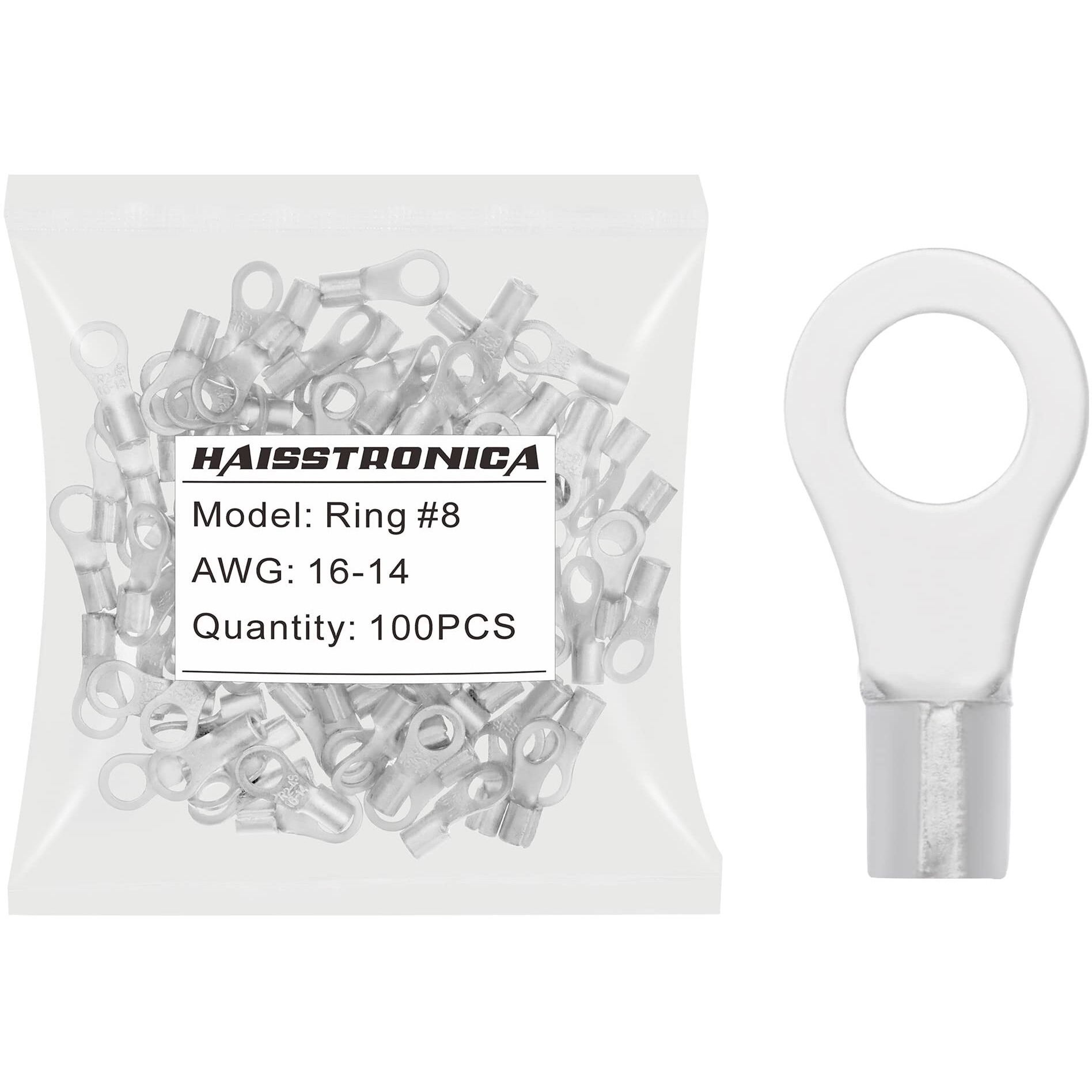 Haisstronica 100Pcs 8 Ring Terminals,Awg 22-16 Brazed Seam Non-Insulated Copper Wire Connectors