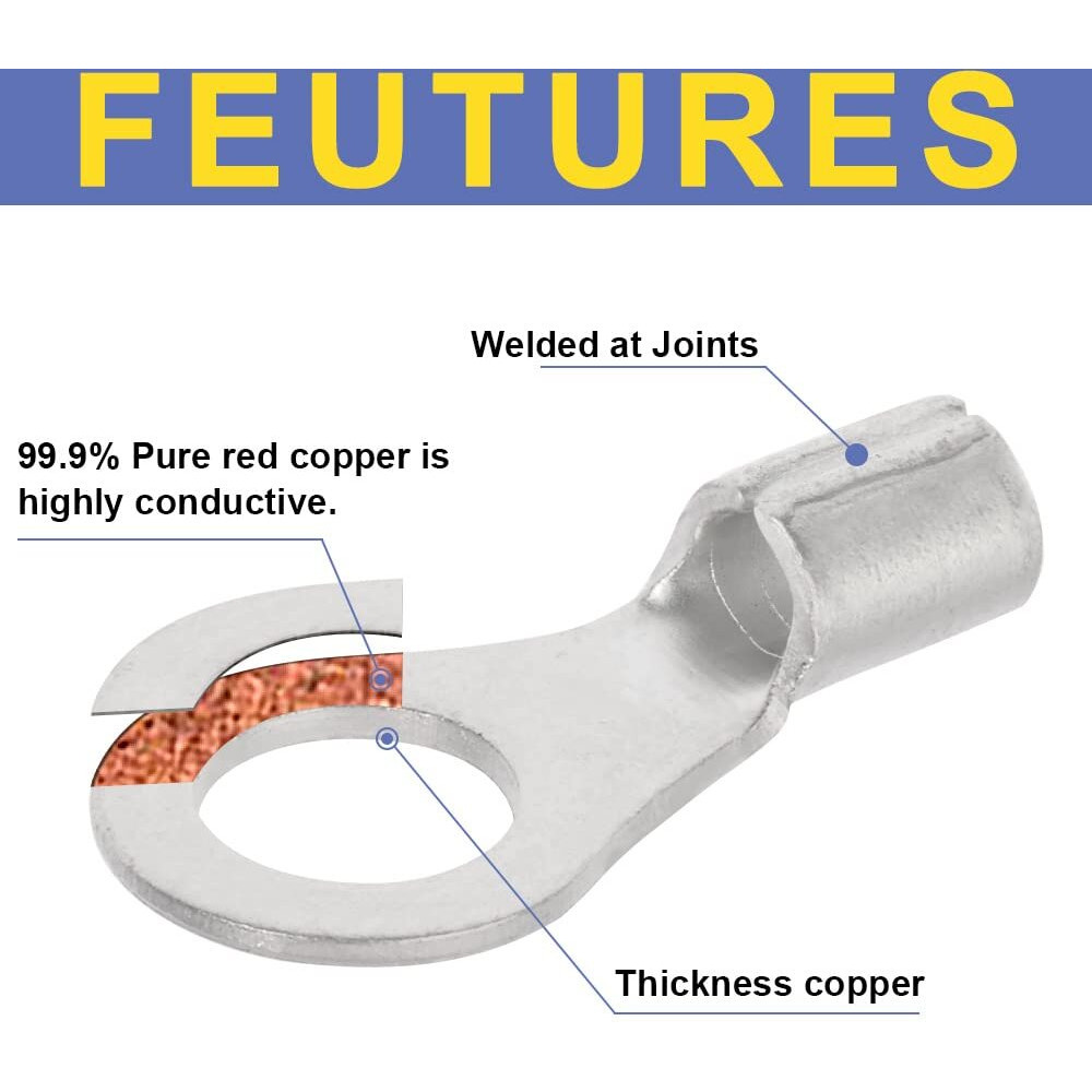 Haisstronica 100Pcs 8 Ring Terminals,Awg 22-16 Brazed Seam Non-Insulated Copper Wire Connectors