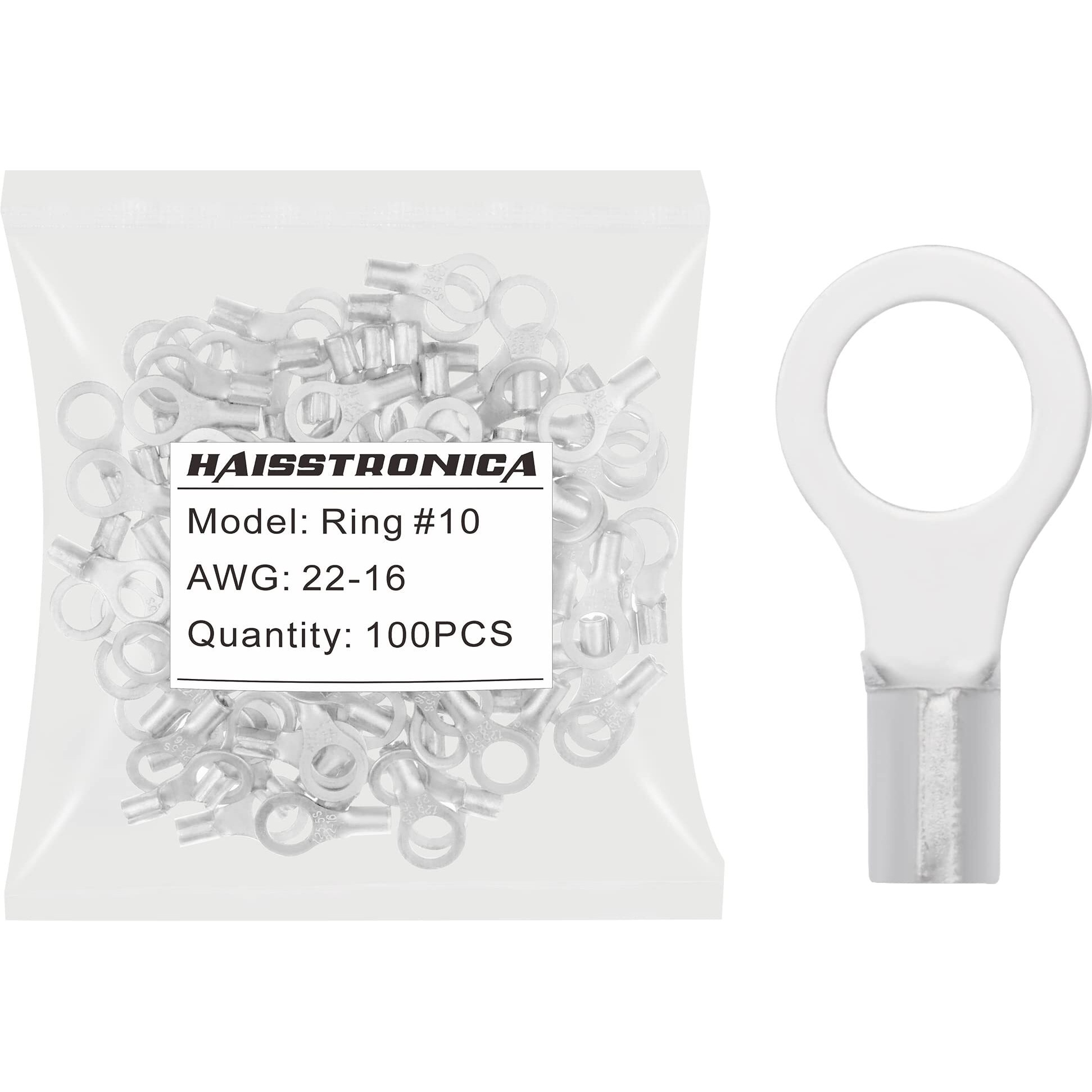 Haisstronica 100Pcs 10 Ring Terminals,Awg 22-16 Brazed Seam Non-Insulated Copper Wire Connectors