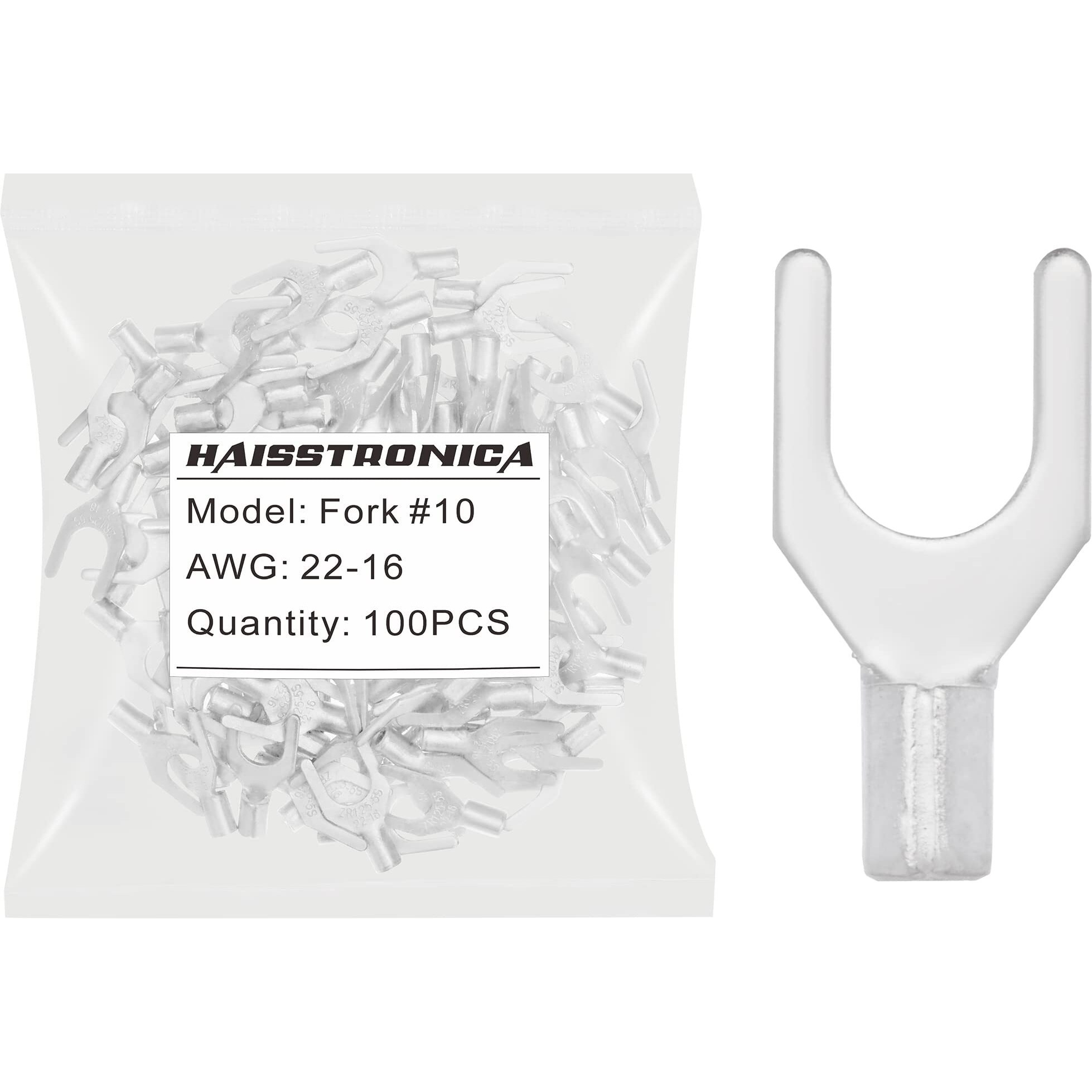 Haisstronica 100Pcs 10 Fork Terminals,Awg 22-16 Brazed Seam Non-Insulated Copper Wire Connectors