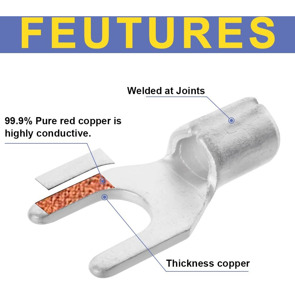 Haisstronica 100Pcs 10 Fork Terminals,Awg 22-16 Brazed Seam Non-Insulated Copper Wire Connectors