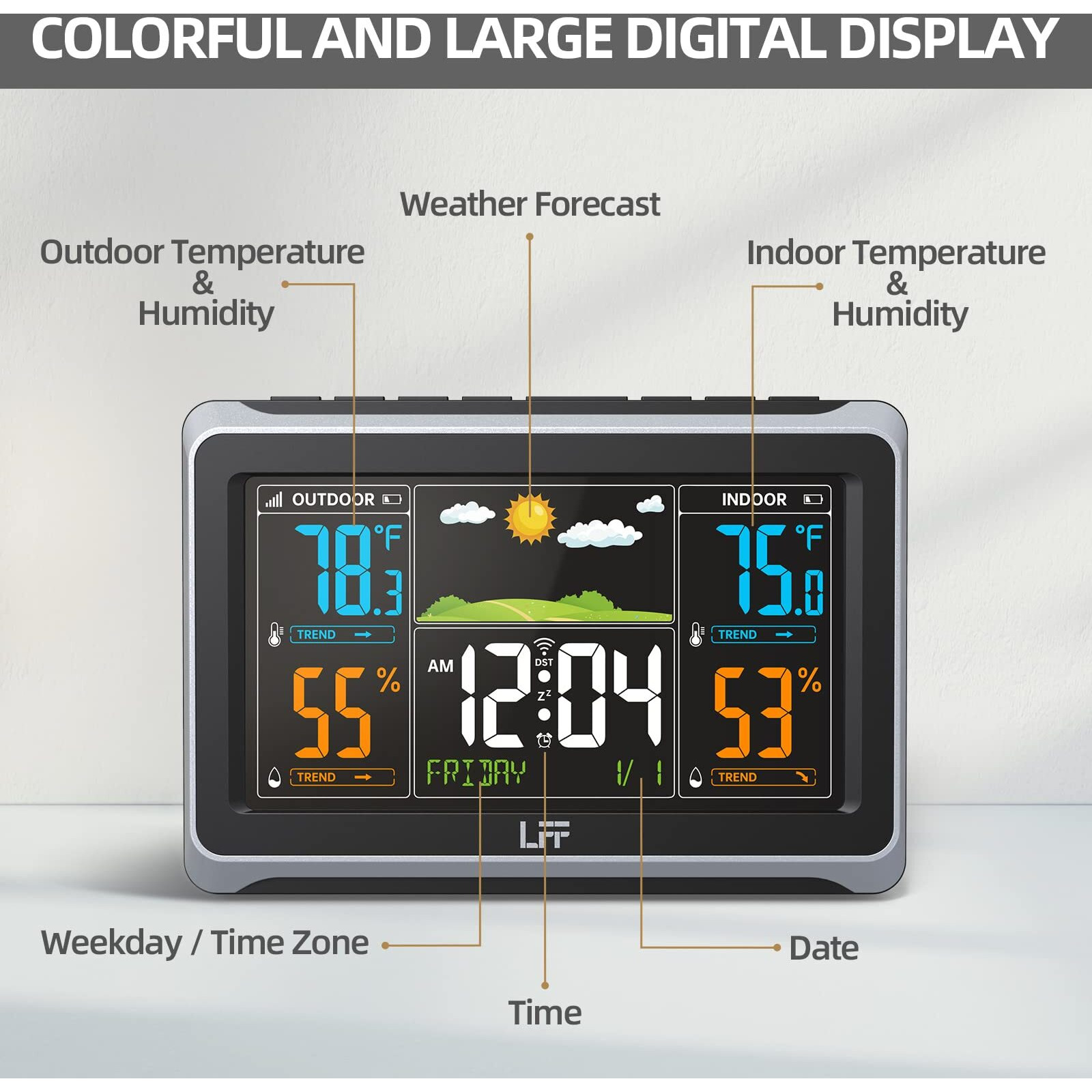 Weather Stations Wireless Indoor Outdoor, Lff Weather Station Indoor Outdoor Thermometer Wireless, Color Display Digital Weather Thermometer With Atomic Clock, Weather Forecast Station With Backlight