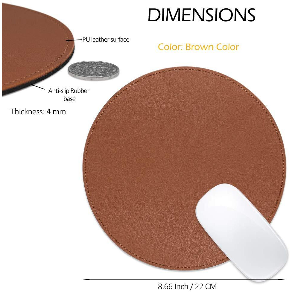Proelife Premium Cute Round Mouse Pad Mat Waterproof Pu Leather 8.66-Inch Mousepad With Anti-Skid Base Stitched Edge For Home Office Gaming Computer Laptop Accessories (Brown)