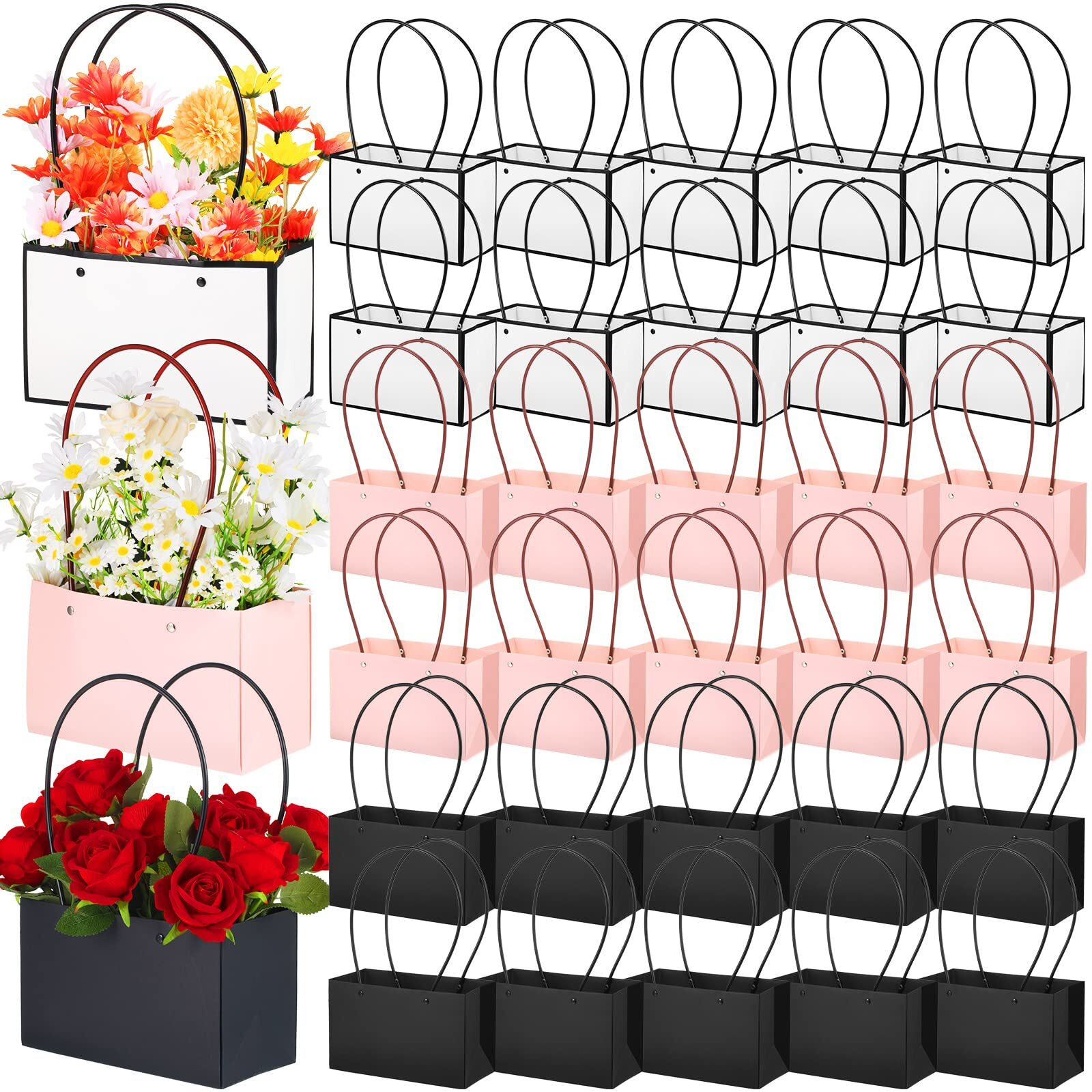 30 Pcs Flower Gift Bags Paper Bouquet Bags Rectangle Flower Box For Arrangements Waterproof Bouquet Box With Handles Florist Supplies For Valentine's Day Mother's Day Christmas (Black, Pink, White)