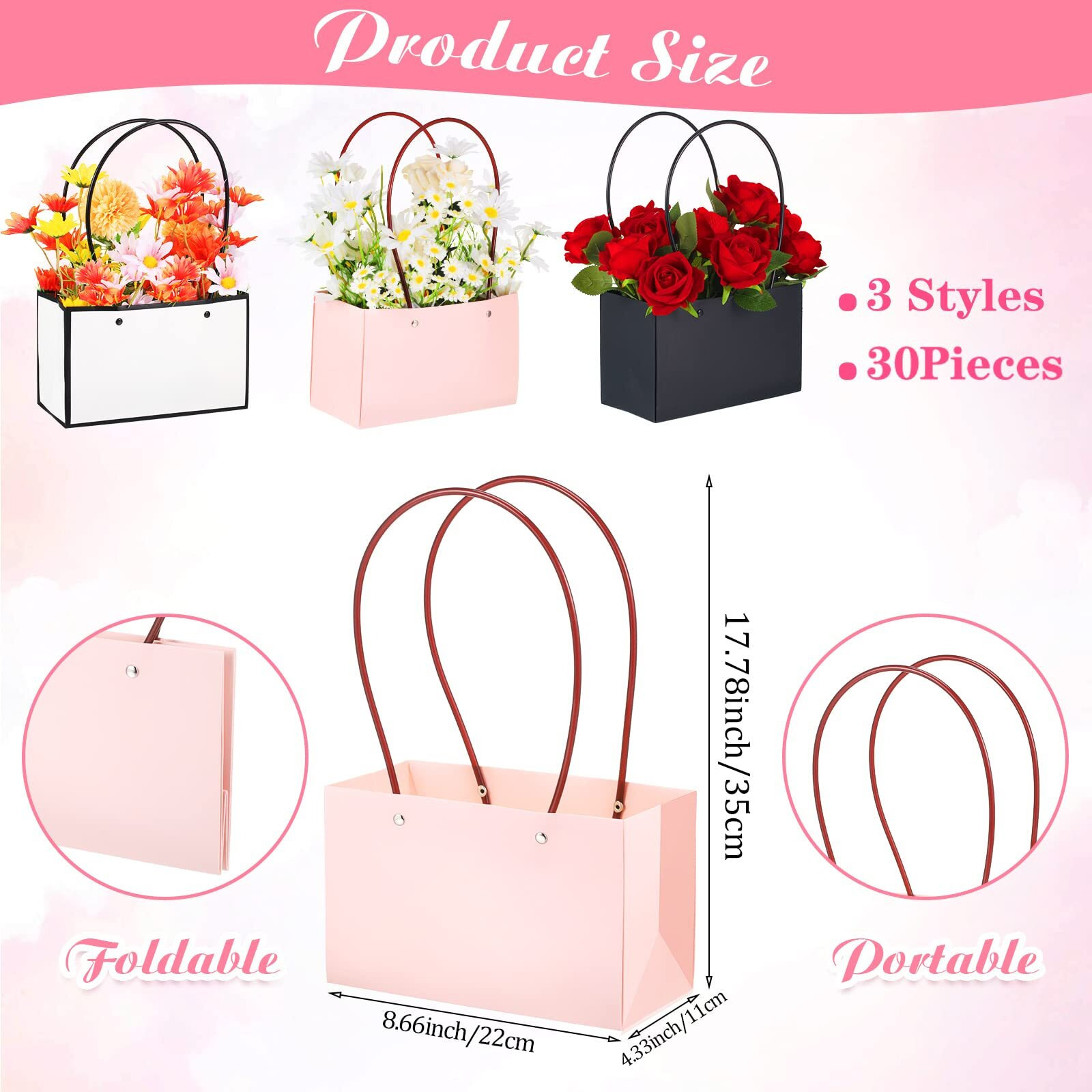 30 Pcs Flower Gift Bags Paper Bouquet Bags Rectangle Flower Box For Arrangements Waterproof Bouquet Box With Handles Florist Supplies For Valentine's Day Mother's Day Christmas (Black, Pink, White)