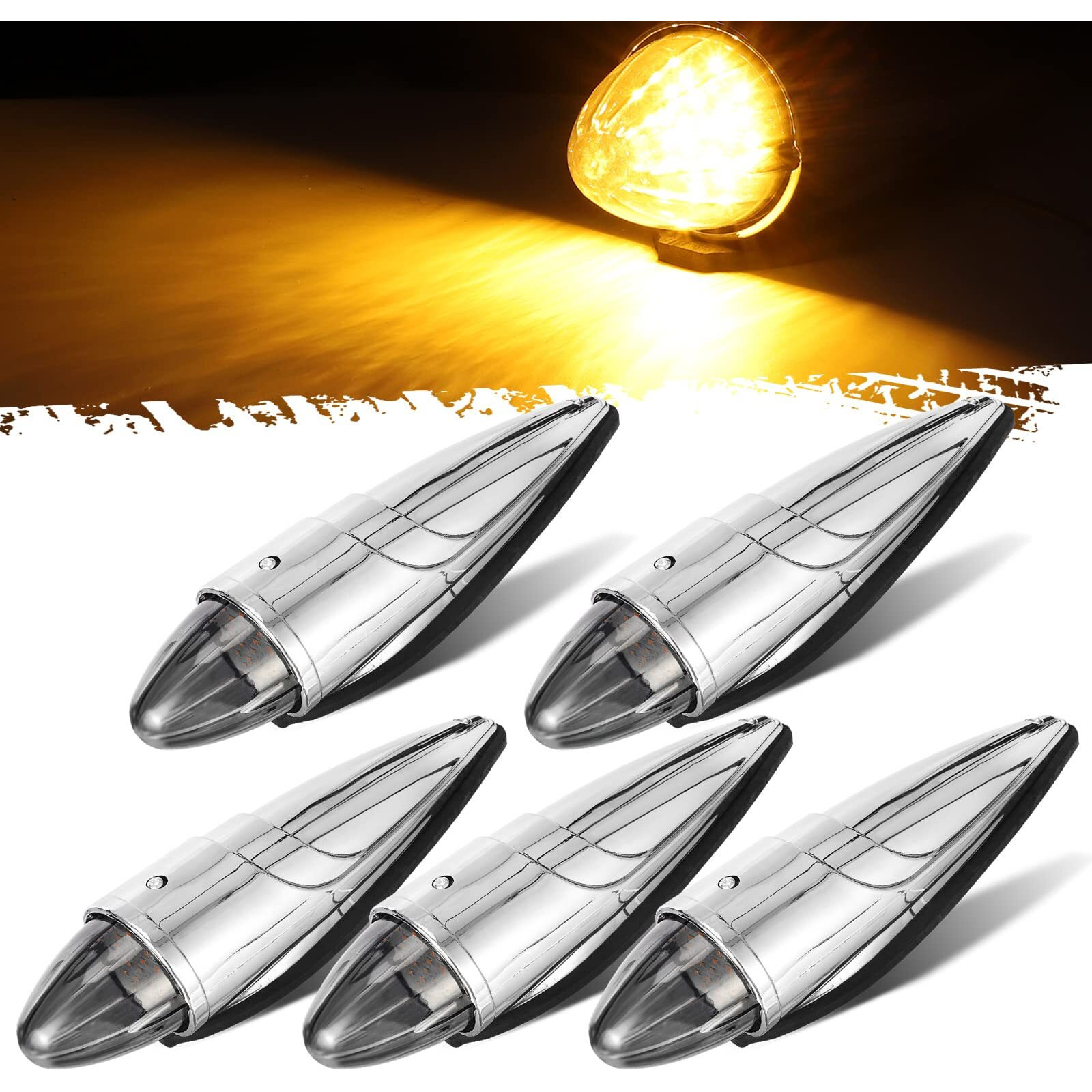 Partsam 5Pcs 21Led Smoke Torpedo Cab Marker Roof Running Top Lights Assembly Super Bright Chrome Heavy Duty Trucks Lights Replacement For International Kenworth/Peterbilt/Freightliner/Mack