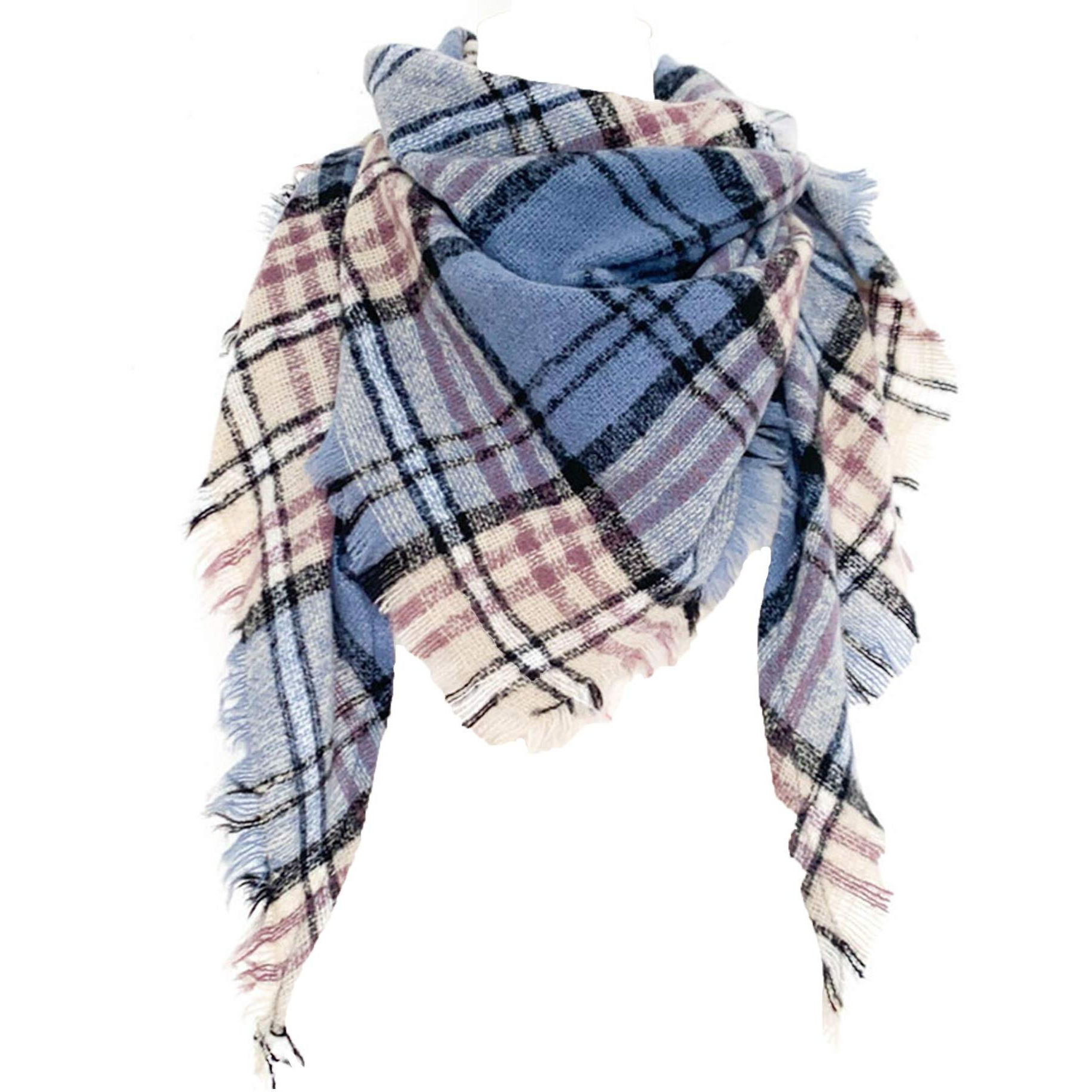 Wander Agio Womens Warm Scarf Triangle Shawls Scarves Stripe Plaid Fichu Rough Blue Red 06