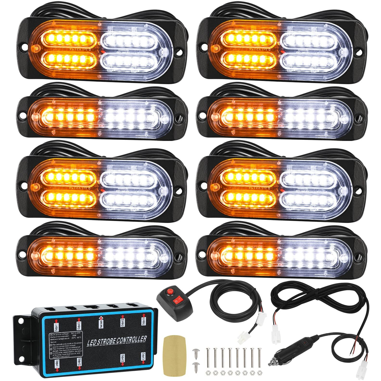 Linkitom 8Pcs Ultra Slim Sync Feature Car Truck Surface Mount Emergency Hazard Warning Strobe Light With Strobe Controller And Wiring Harness (Amber & White)