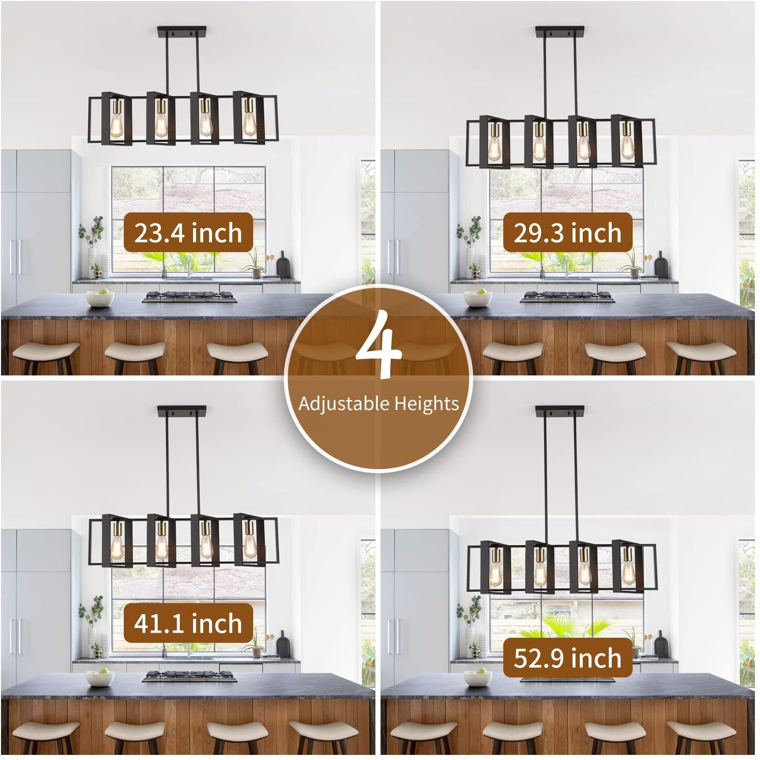 35.4" Kitchen Island Lighting Fixture,Dining Room 4 Lights Chandeliers,Black Wood+Metal Pendant Light For Foyer Hallway Living Room