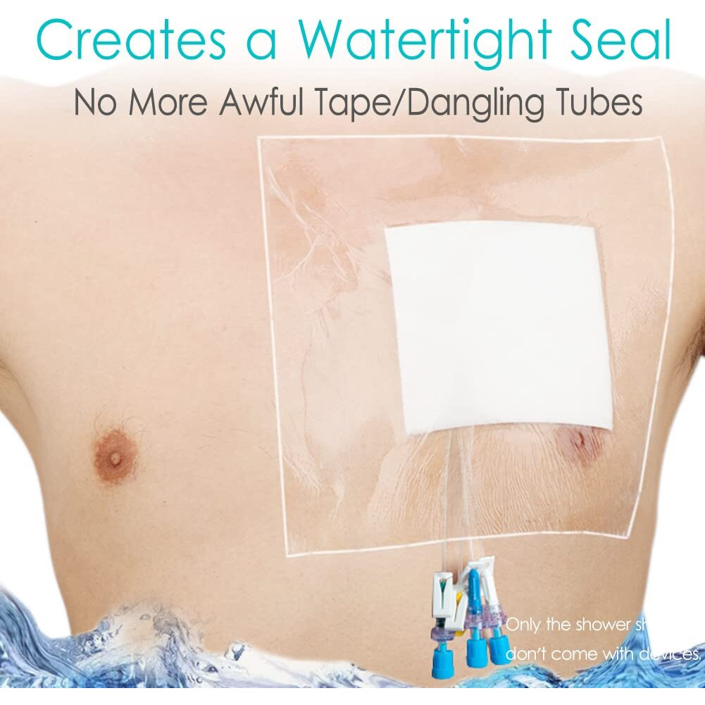 Waterproof Shower Cover Shields, Non-Stick Center Pad For Dialysis Port Picc Line Chest Catheter Pd Peritoneal Dialysis Chemo Feeding Tube Peg G-Tube Patient Bandage Protector, 9&quotX9"(Pack Of 25)