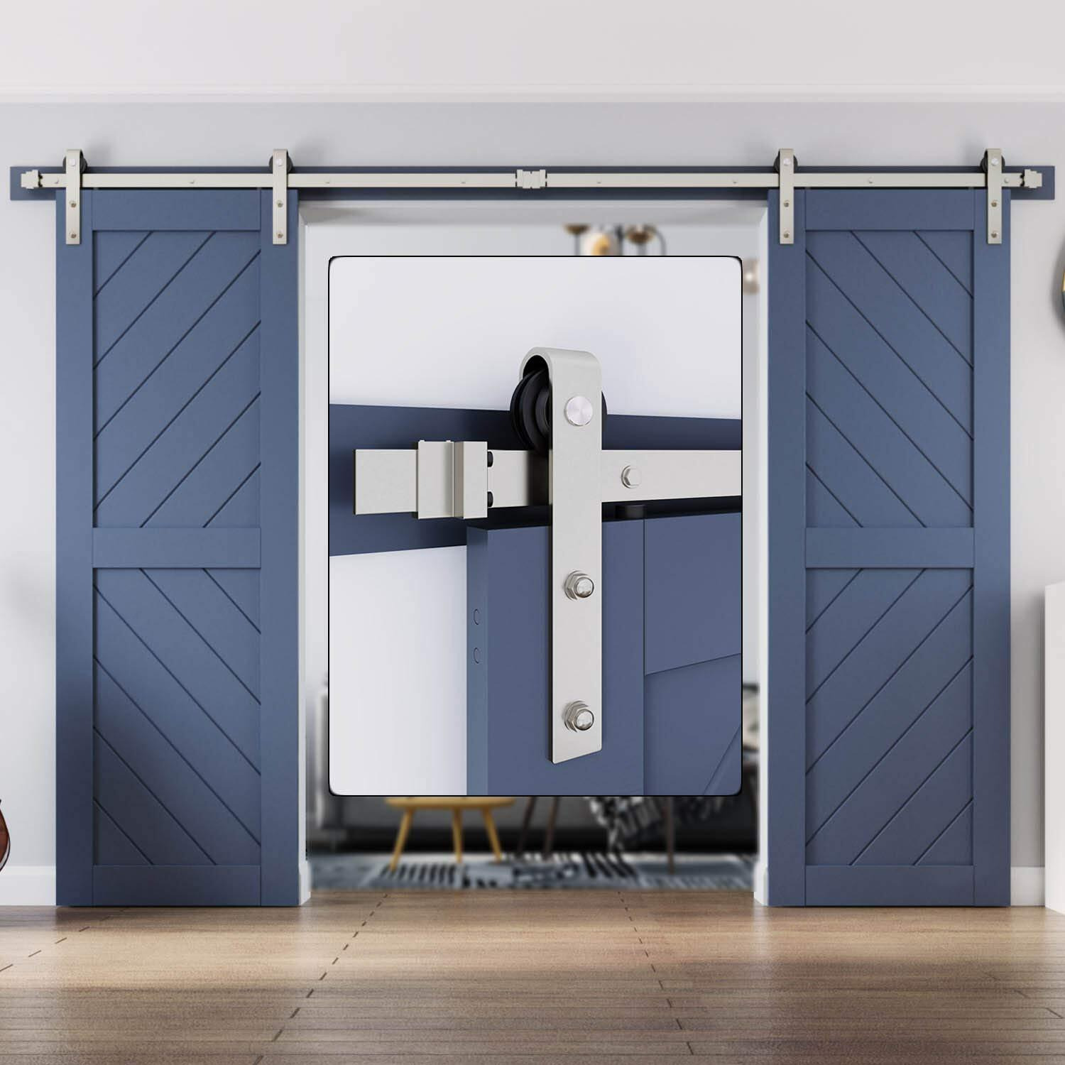 Easelife 10 Ft Brushed Nickel Double Sliding Barn Door Hardware Track Kit,Basic J Pulley,Heavy Duty,Slide Smoothly Quietly,Easy Install (10Ft Track Kit For Double 30&quot Wide Door)