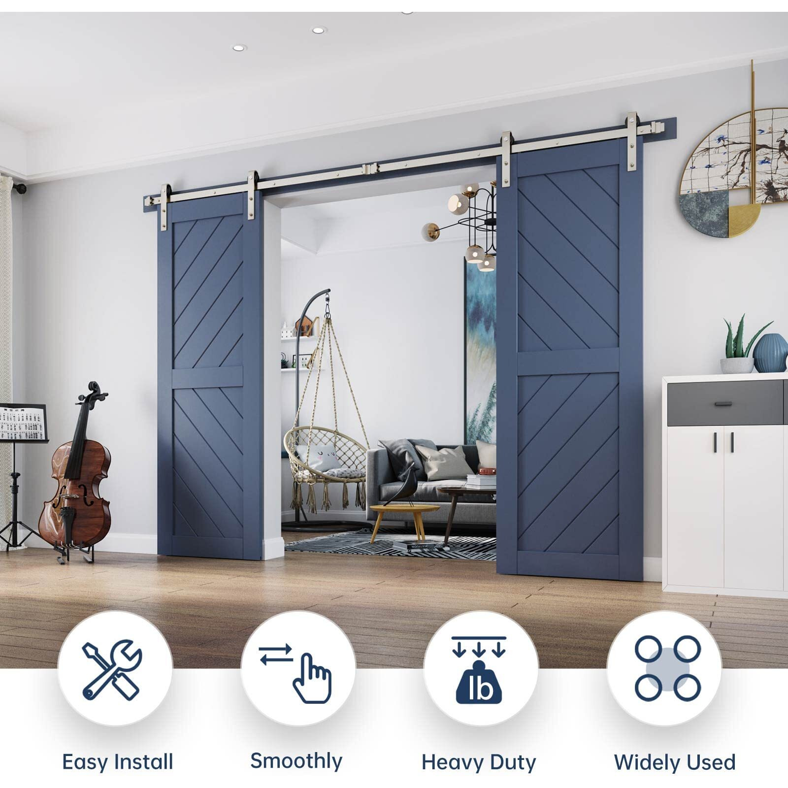 Easelife 10 Ft Brushed Nickel Double Sliding Barn Door Hardware Track Kit,Basic J Pulley,Heavy Duty,Slide Smoothly Quietly,Easy Install (10Ft Track Kit For Double 30&quot Wide Door)