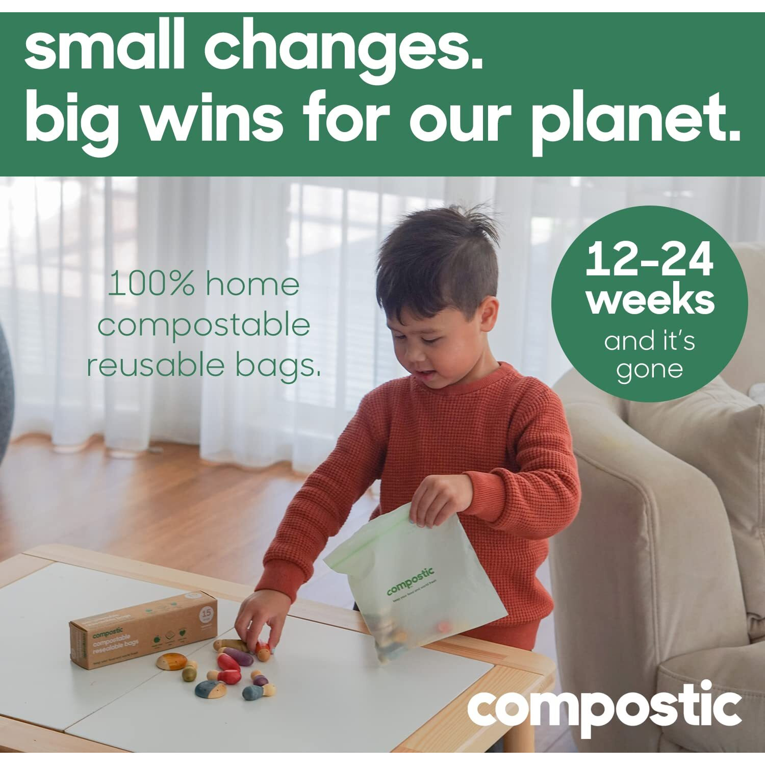 Compostic Home Compostable Resealable Gallon Bags - Eco Friendly, Reusable, Zero Waste, Non-Toxic, Guilt-Free - Plastic Alternative For Earth Friendly Food Storage - (10.5&quotX10.5&quot) 30 Bags (2 Pack)