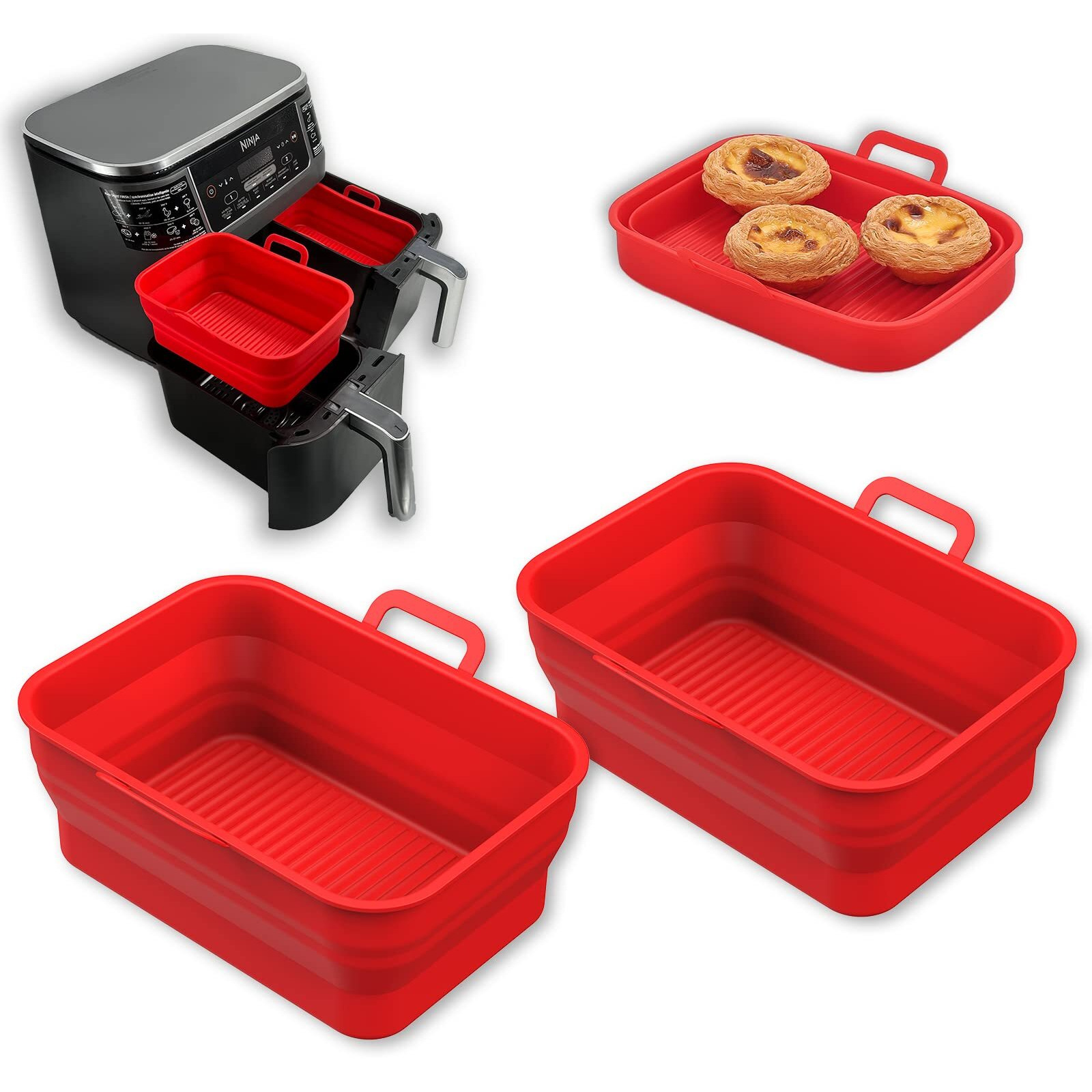 Vangerute Collapsible 2-Pack Air Fryer Silicone Liners For 8Qt & 10Qt Ninja Foodi Dual Air Fryer,Rectangular Air Fryer Silicone Pot, Reusable Silicone Air Fryer Basket For Air Fryer Accessories(Red)