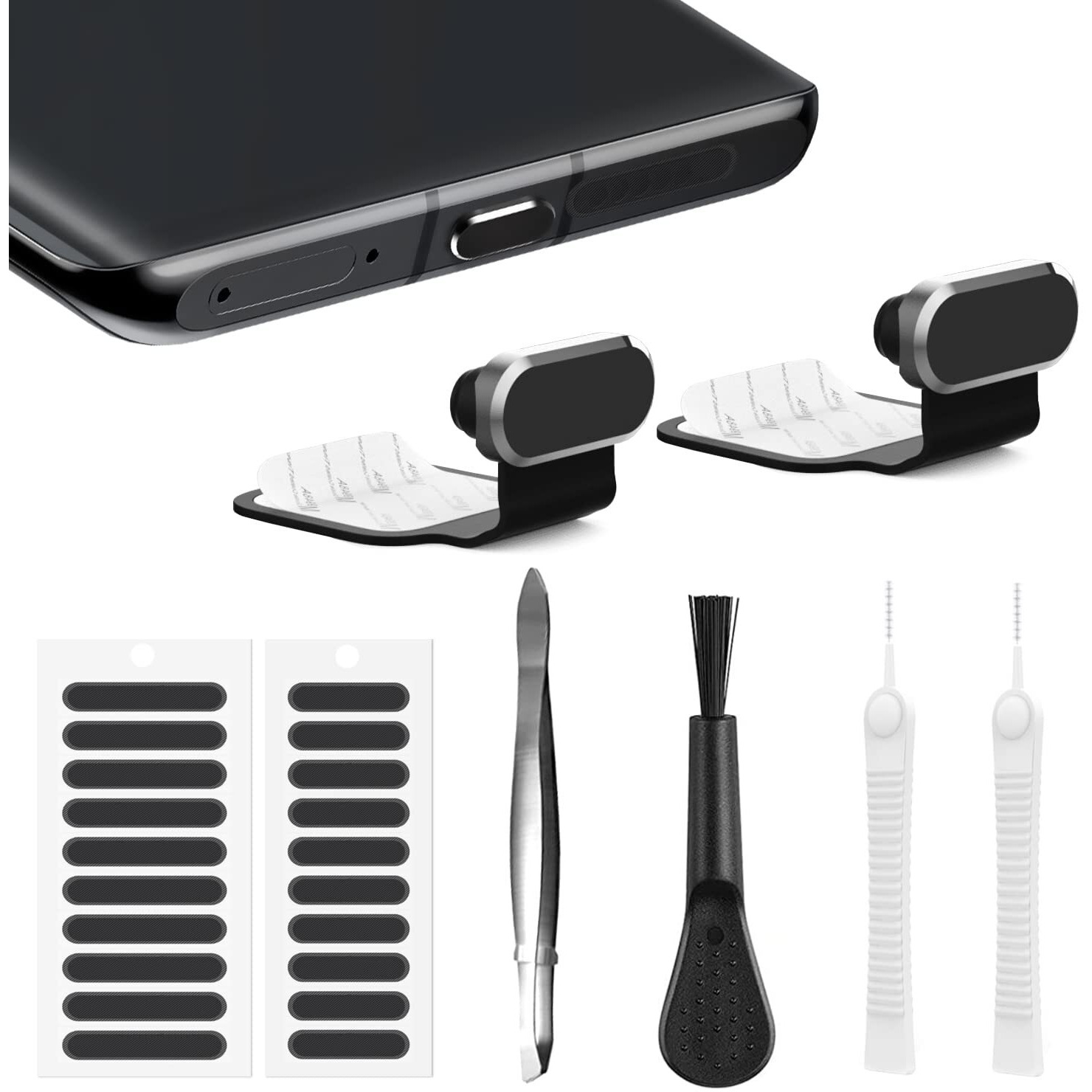 Gavemi Usb C Dust Plug, For Phones With Usb Type C Charging Port, Usb C Anti Dust Cover Cap Kit With Speaker Mesh And Mounting Accessories (Black)