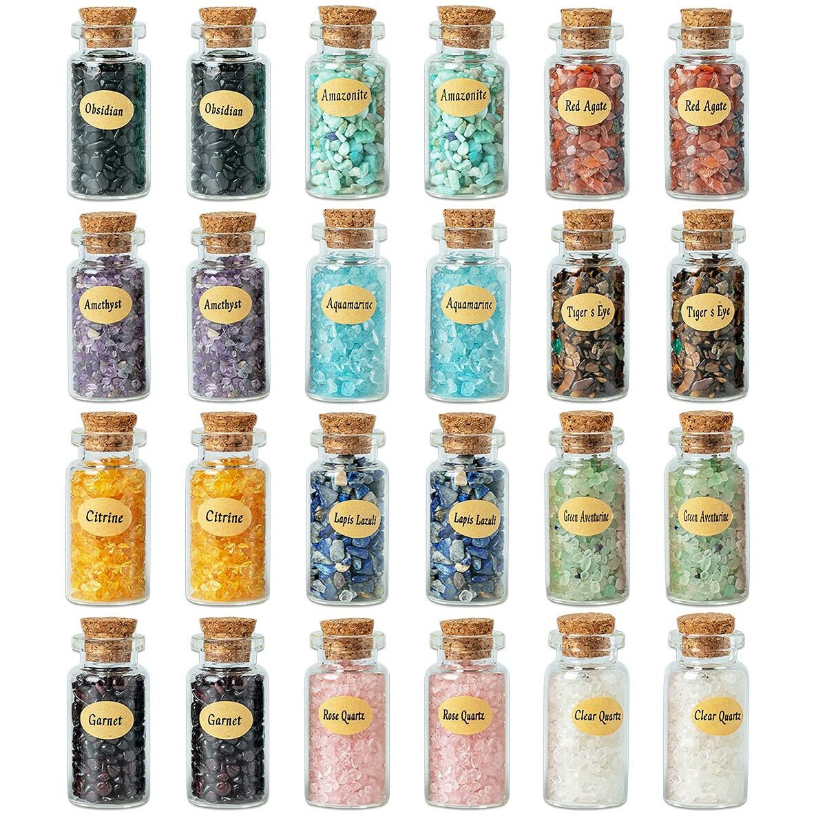Khocoee 24 Gemstone Bottles Chip Crystals And Healing Stone, Chakra Healing Crystals Bottles, Wicca Gem Stones Set, Witchcraft Crystals
