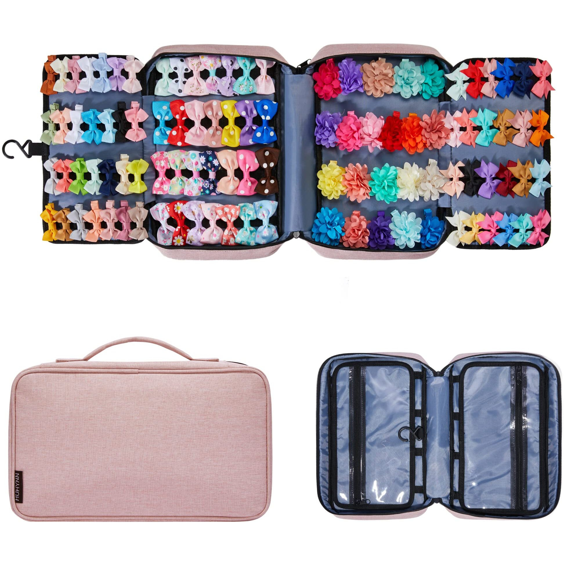 Huhynn Hair Accessories Organizer For Girls, Hair Accessories Storage Bag, Hair Bow Storage Organaizer For Girls With Multi-Compartments, Baby Hair Accessories Organizer For Travel (Pink)