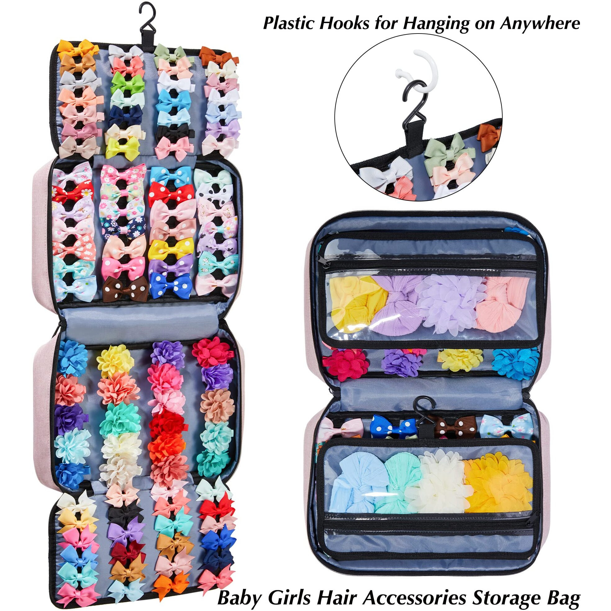 Huhynn Hair Accessories Organizer For Girls, Hair Accessories Storage Bag, Hair Bow Storage Organaizer For Girls With Multi-Compartments, Baby Hair Accessories Organizer For Travel (Pink)