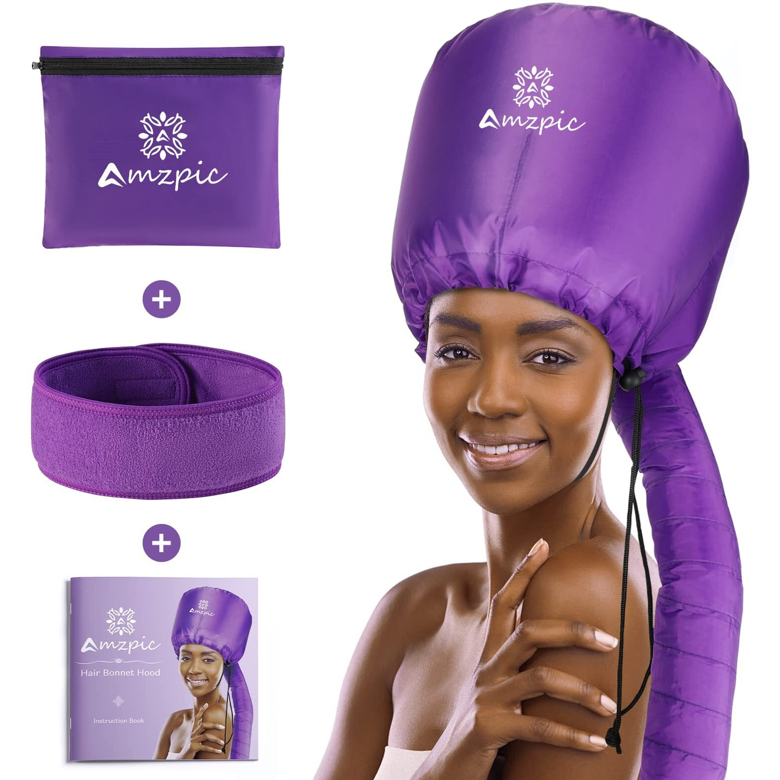 Bonnet Hood Hair Dryer Attachment - Soft, Adjustable Extra Large Bonnet Hair Dryer For Speeds Up Drying Time At Home, Easy To Use For Styling, Curling And Deep Conditioning (Purple)