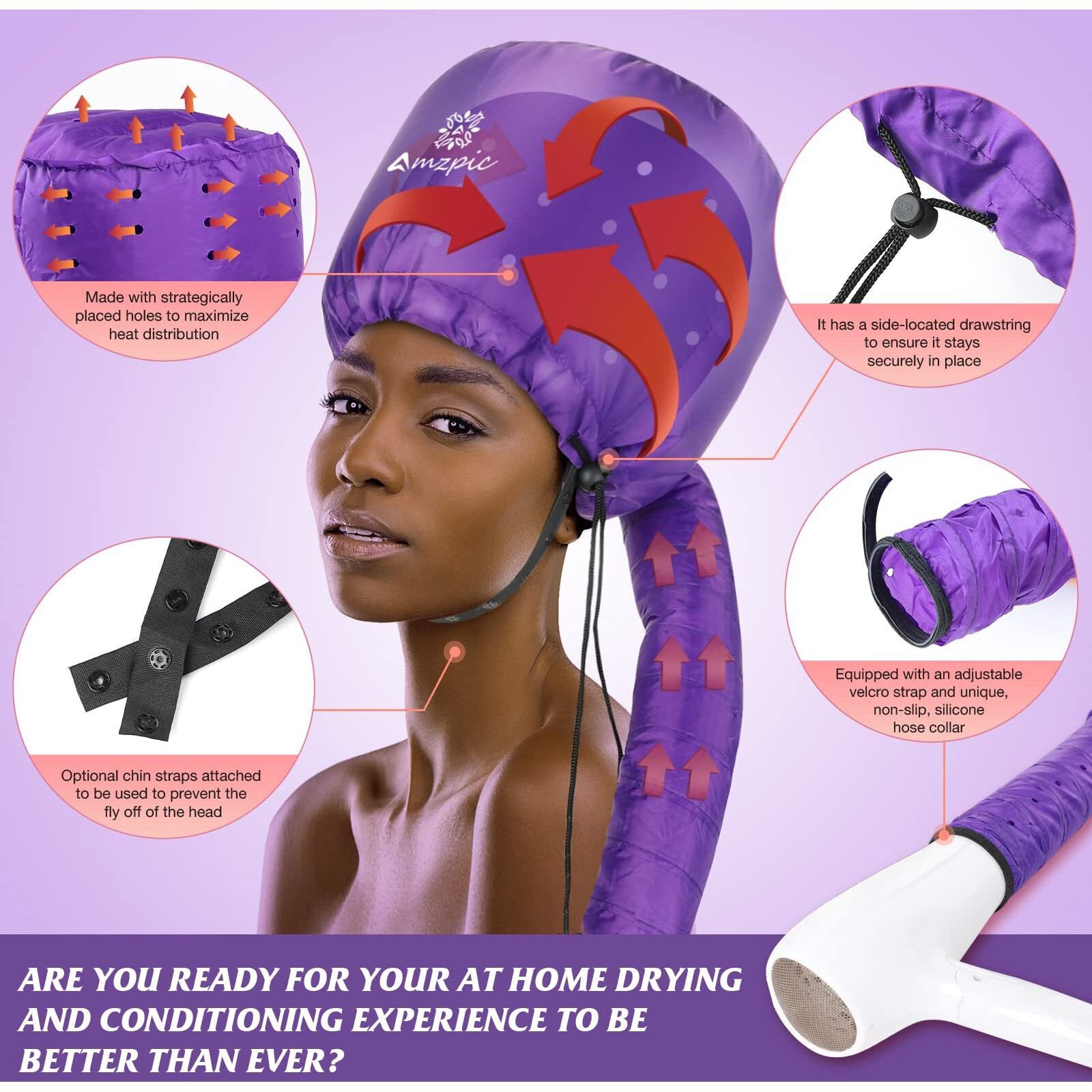 Bonnet Hood Hair Dryer Attachment - Soft, Adjustable Extra Large Bonnet Hair Dryer For Speeds Up Drying Time At Home, Easy To Use For Styling, Curling And Deep Conditioning (Purple)
