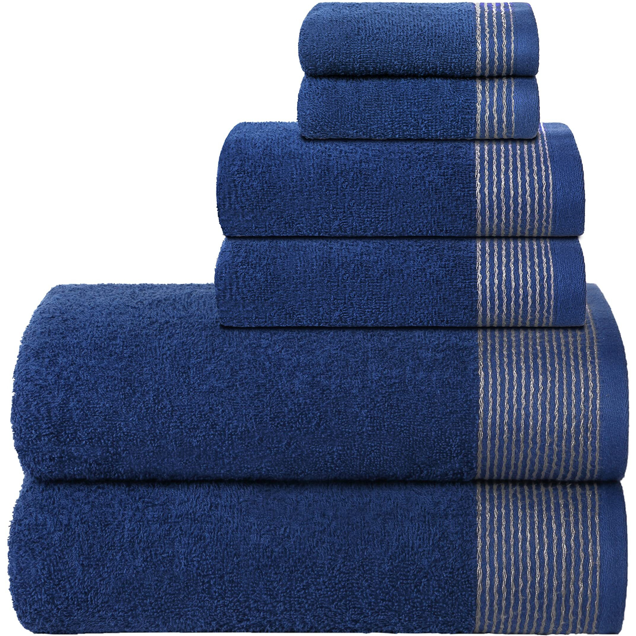Belizzi Home 100% Cotton Ultra Soft 6 Pack Towel Set, Contains 2 Bath Towels 28X55 Inchs, 2 Hand Towels 16X24 Inchs & 2 Washcloths 12X12 Inchs, Compact Lightweight & Highly Absorbant - Navy Blue