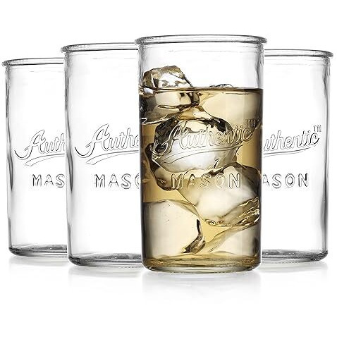 Glaver's Drinking Glasses - Set Of 4 Authentic Mason Vintage Glassware - Clear Glass Tumblers For Cocktails, Water, Juice - Embossed Vintage Drinking Glasses (Highball 18 Oz 7983)