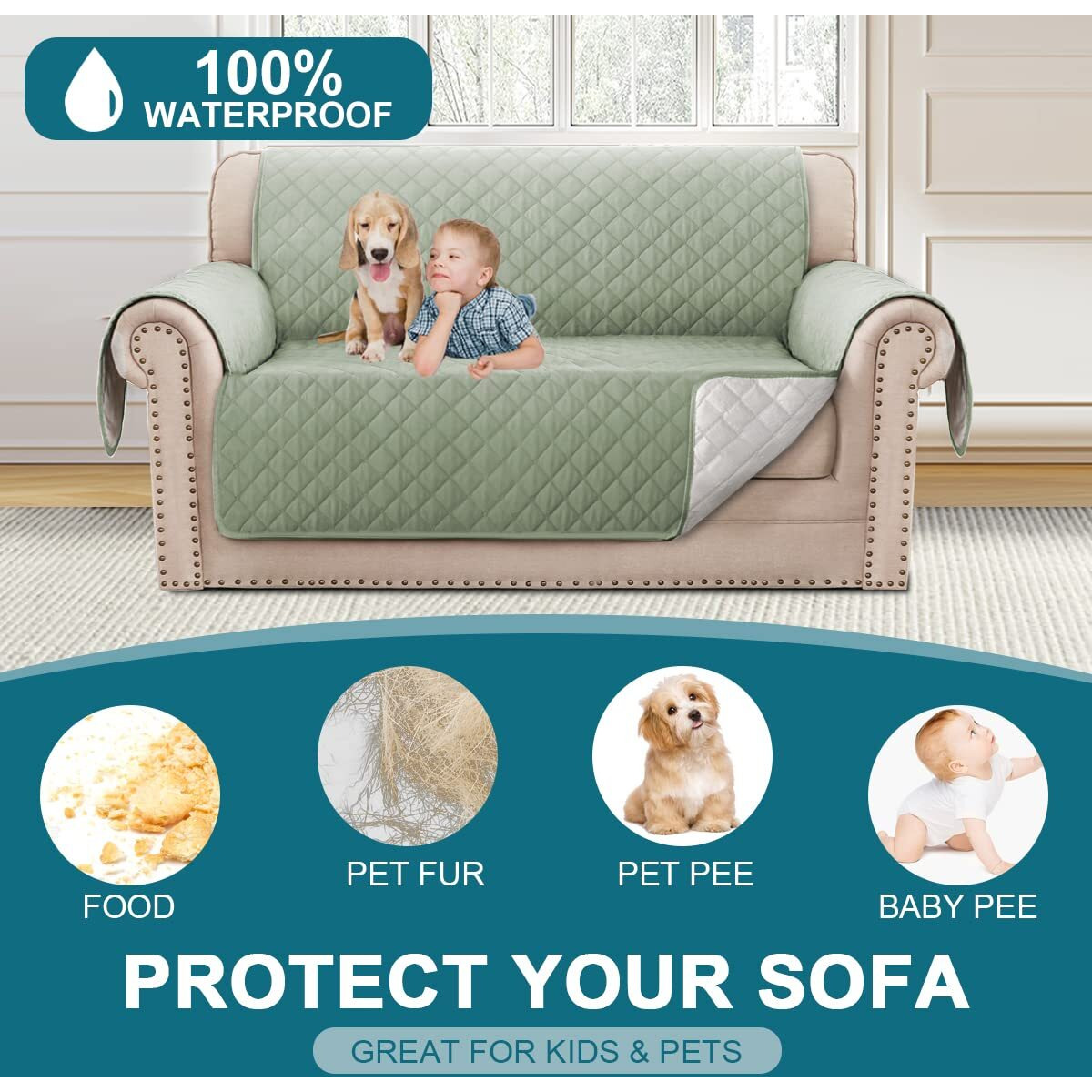 2023 New 100% Waterproof Sofa Covers Couch Cover Sofa Cover For Dogs Couch Protector Triple Non-Slip Sofa Slipcover For 2 Cushion Couch Furniture Protector For Pets, Kids,Dog (Loveseat 54", Sage)