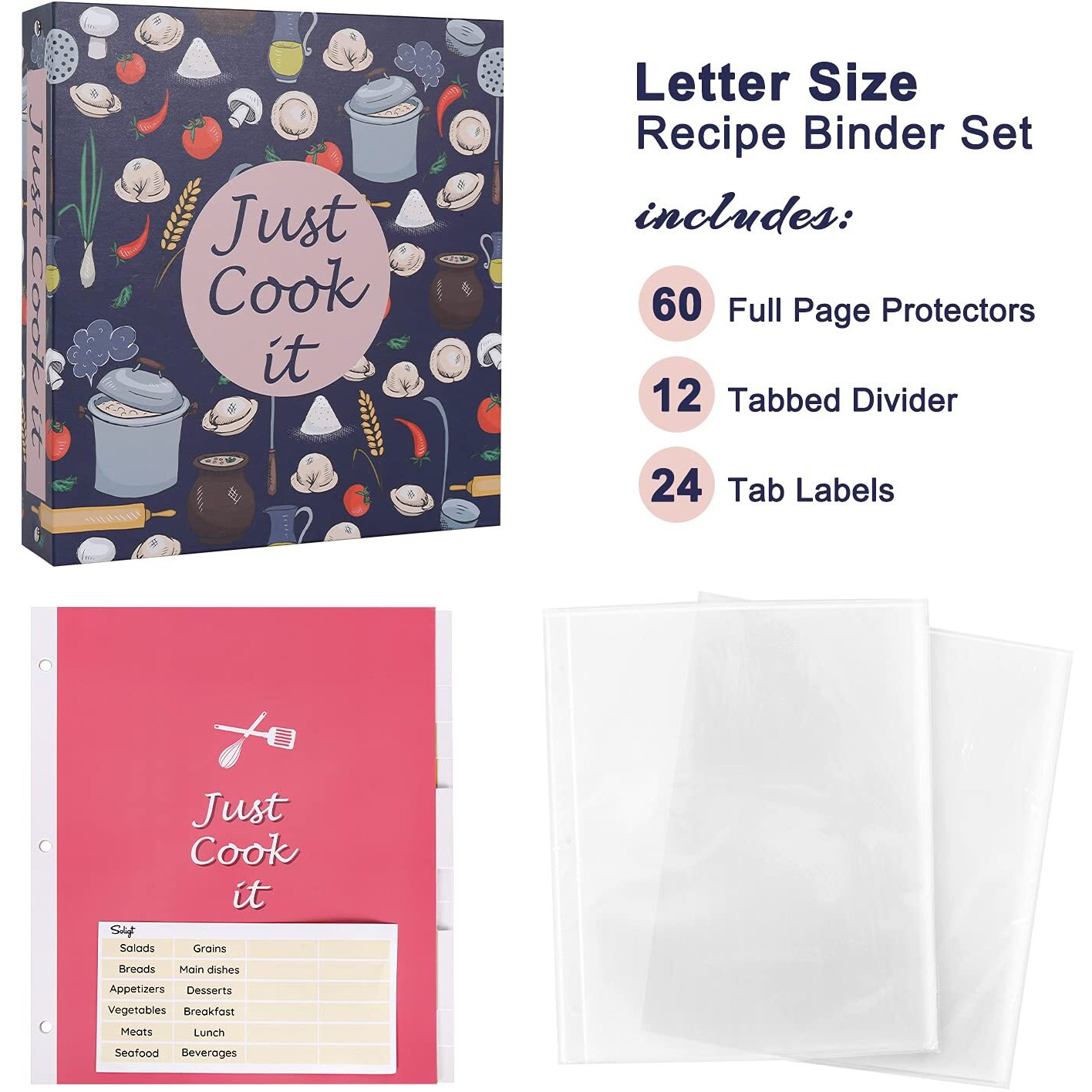 Recipe Binder Kit - 3 Ring Full Page Recipe Book Binder 8.5&quotX11" With 60 Page Protectors, 12 Dividers And Labels For Family Recipe Organizer, Grain Design