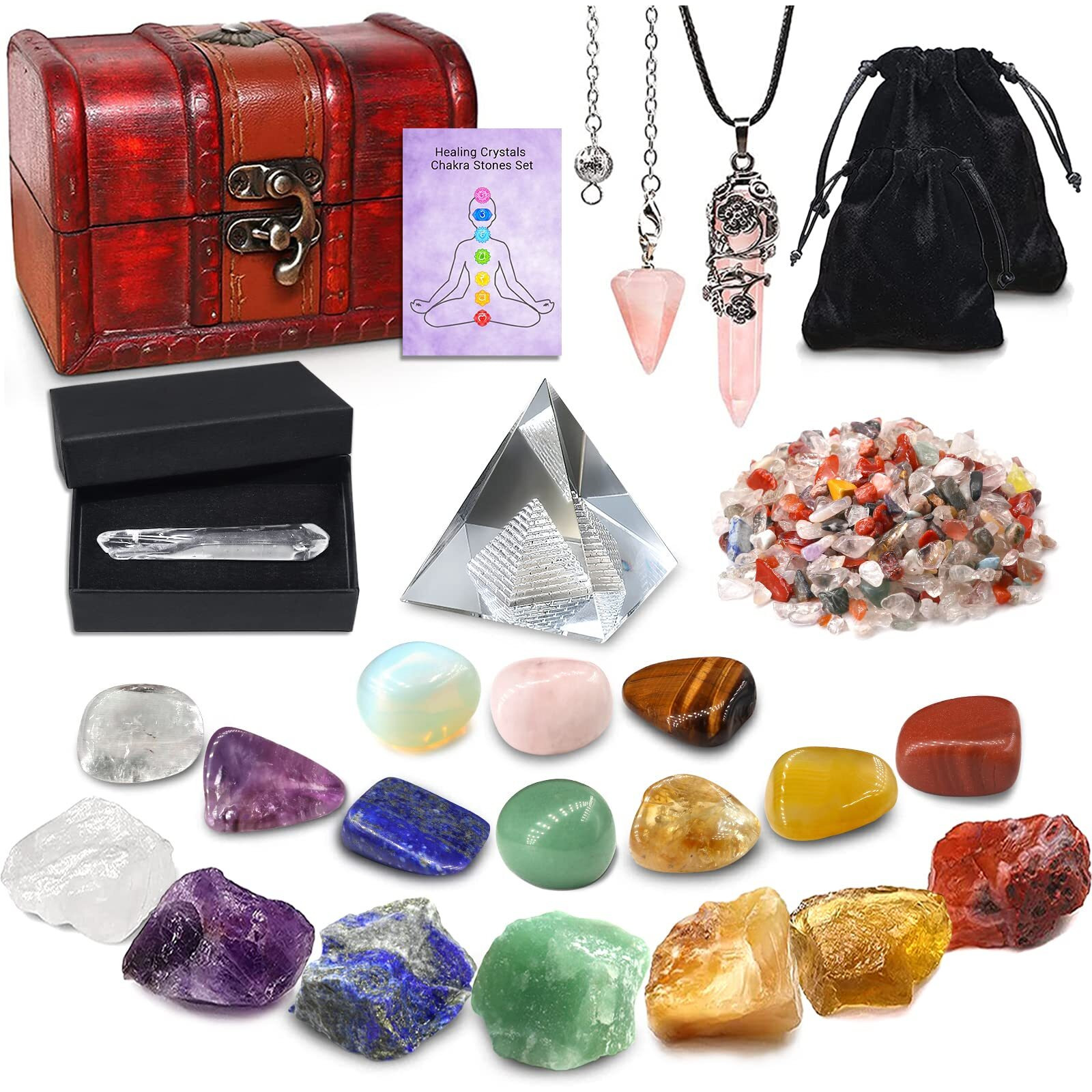 23Pcs Natural Crystals And Healing Stones Set, 7 Raw Chakra Stones,10Pcs Tumbled Stones, Pink Pillar Crystal Necklaces & Pendulum, White Pyramid & Pillar, 50G Stones Assorted, Wooden Box