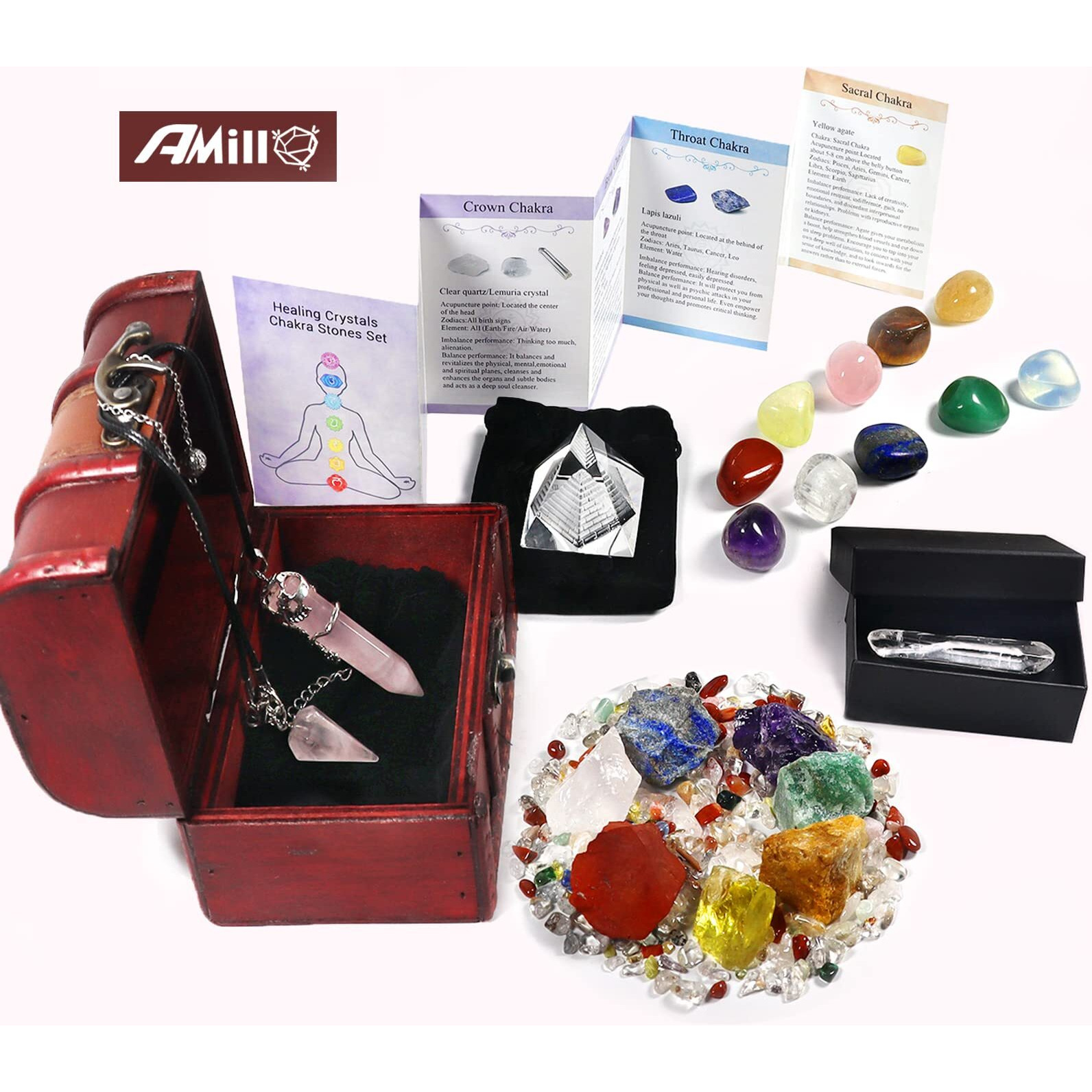23Pcs Natural Crystals And Healing Stones Set, 7 Raw Chakra Stones,10Pcs Tumbled Stones, Pink Pillar Crystal Necklaces & Pendulum, White Pyramid & Pillar, 50G Stones Assorted, Wooden Box