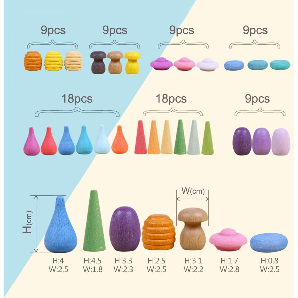 Large Set Full Rainbow Color Style Wooden Loose Parts Sensory Play Toys, Rainbow Mandala Loose Parts 7 Shapes, 27 Colors, Rainbow Stacker Nesting Toys Parts(81 Pcs)