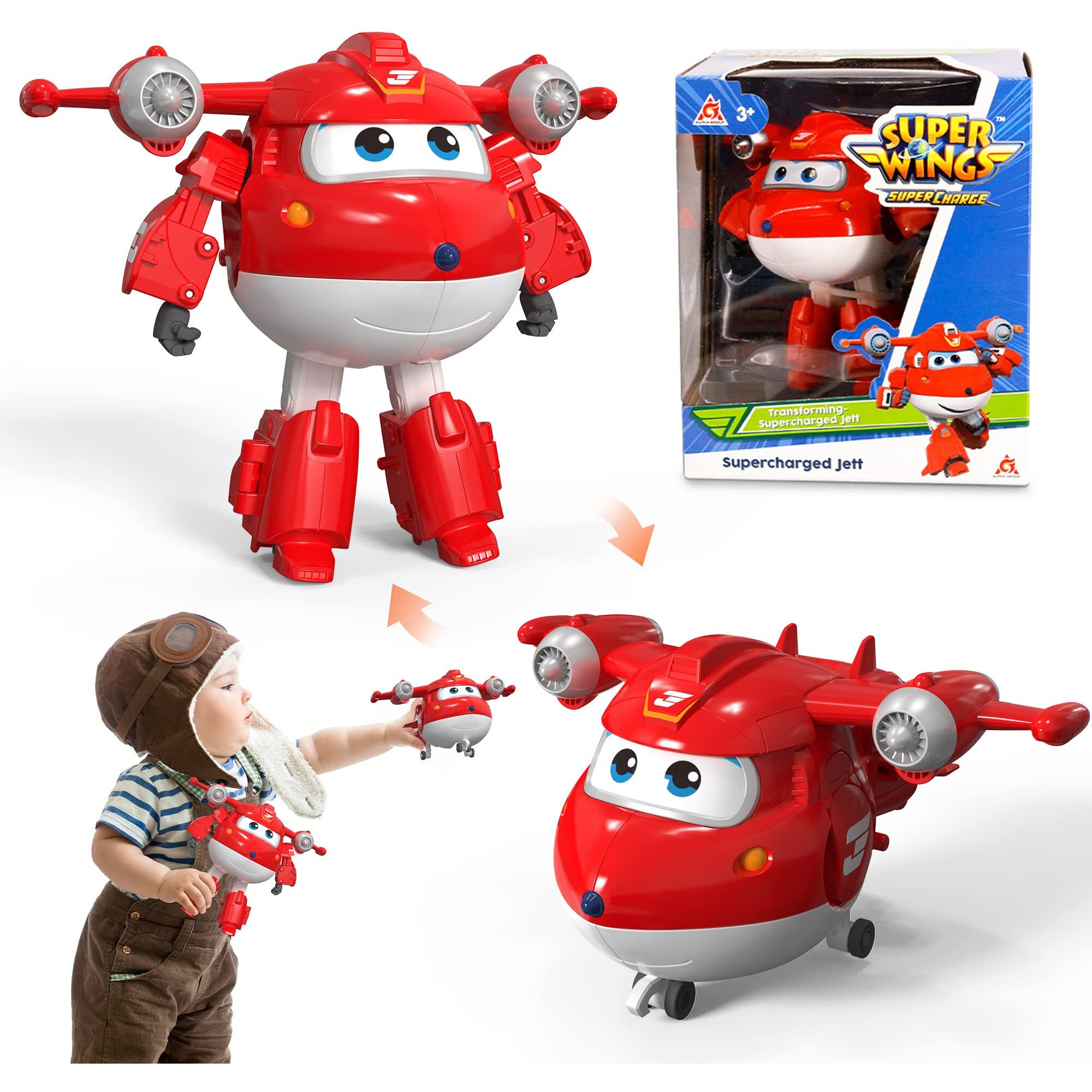 Super Wings 5" Transforming Supercharged Jett Airplane Toys, Action Figure, Airplane To Robot, Season 4 Transformer Toys, Gifts For 3+ Year Old Kids, Toys Plane Vehicle For Preschool Kids Play
