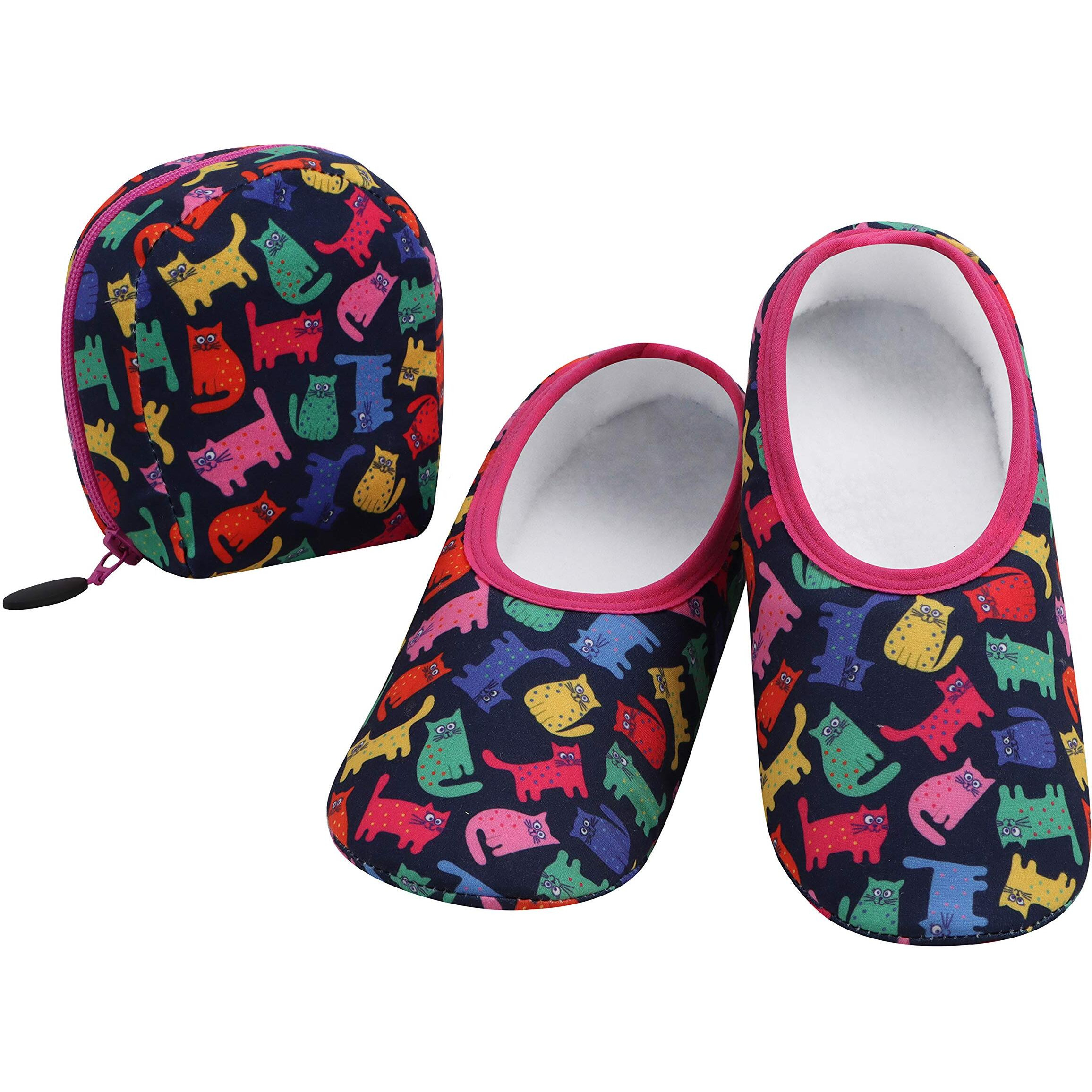 Snoozies Skinnies Womens Slipper Socks - Non-Slip Slippers With A Lightweight Sherpa Lining - Travel Slippers With Storage Pouch Cats-Large