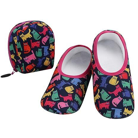 Snoozies Skinnies Womens Slipper Socks - Non-Slip Slippers With A Lightweight Sherpa Lining - Travel Slippers With Storage Pouch Cats-Large