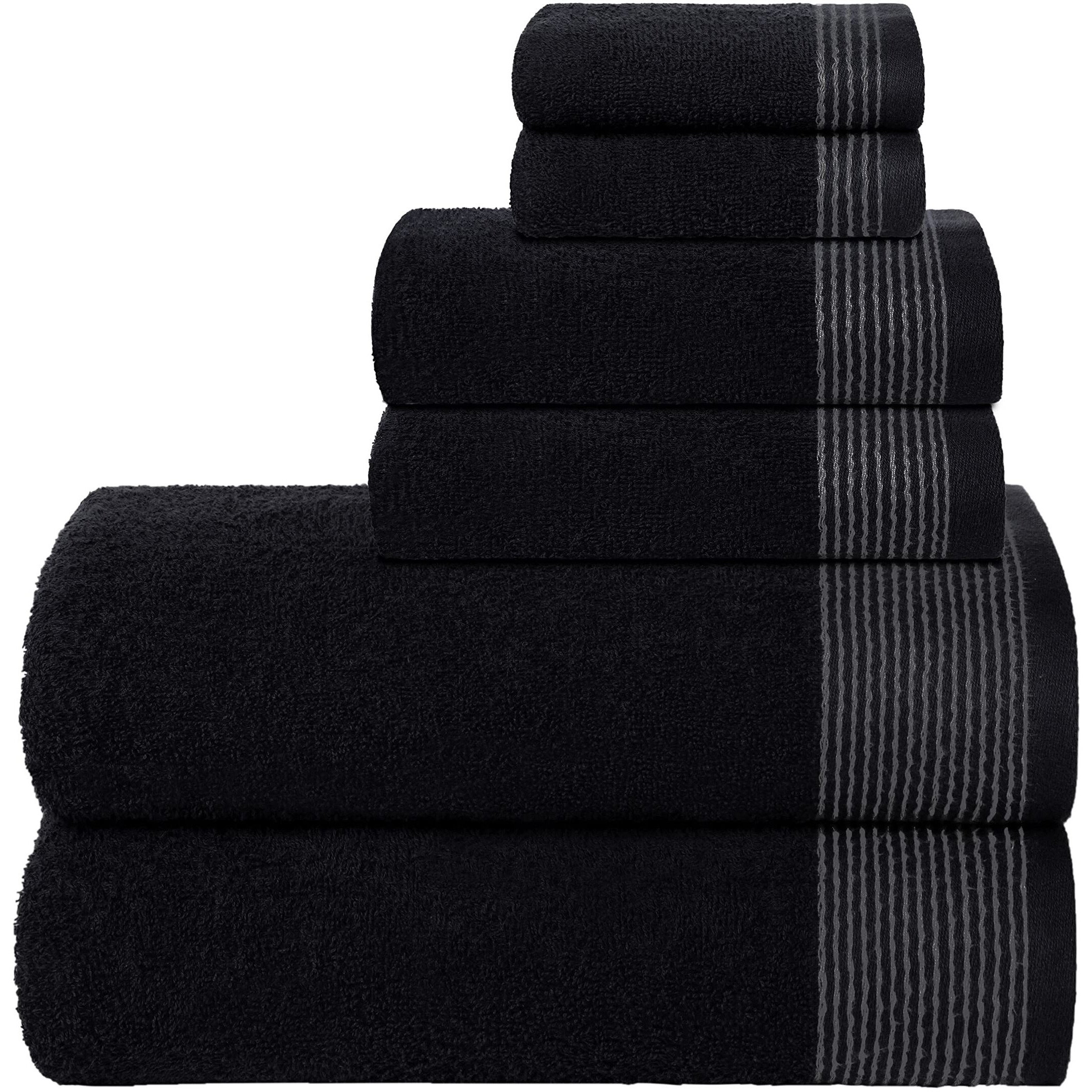 Belizzi Home 100% Cotton Ultra Soft 6 Pack Towel Set, Contains 2 Bath Towels 28X55 Inchs, 2 Hand Towels 16X24 Inchs & 2 Washcloths 12X12 Inchs, Compact Lightweight & Highly Absorbant - Black