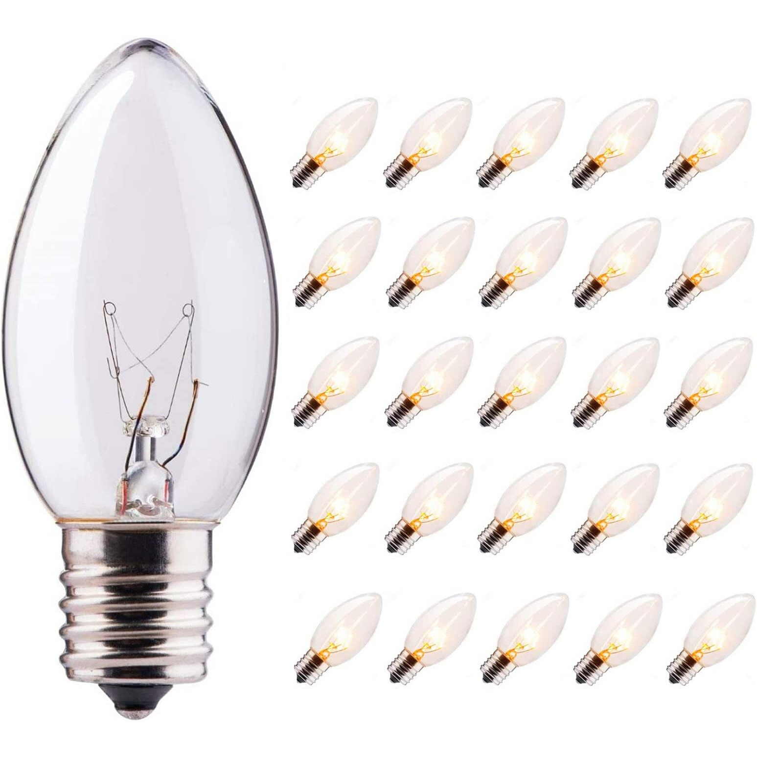 Sunsgne 25 Pack C9 Clear Replacement Bulbs, C9 Christmas Light Bulbs Clear Incandescent Bulbs For Christmas Vintage String Light, E17 Intermediate Base, 7 Watt, Clear
