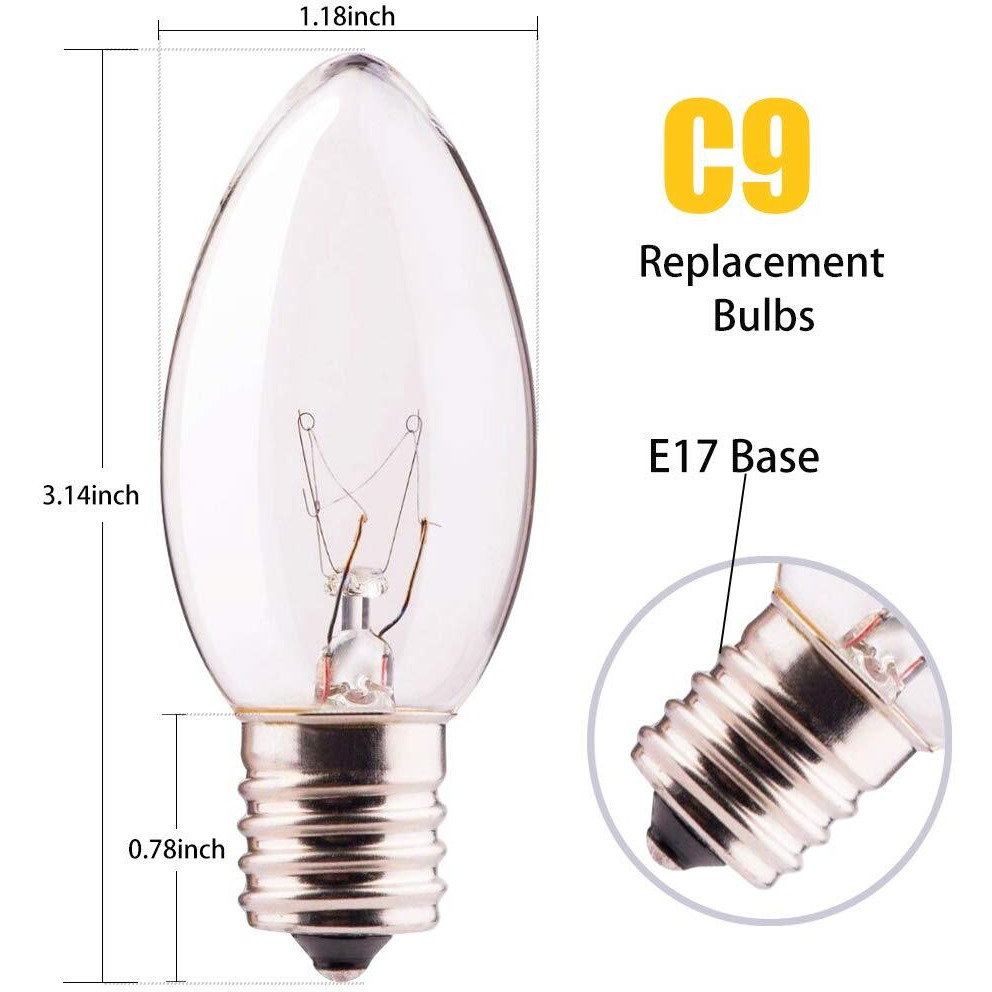 Sunsgne 25 Pack C9 Clear Replacement Bulbs, C9 Christmas Light Bulbs Clear Incandescent Bulbs For Christmas Vintage String Light, E17 Intermediate Base, 7 Watt, Clear