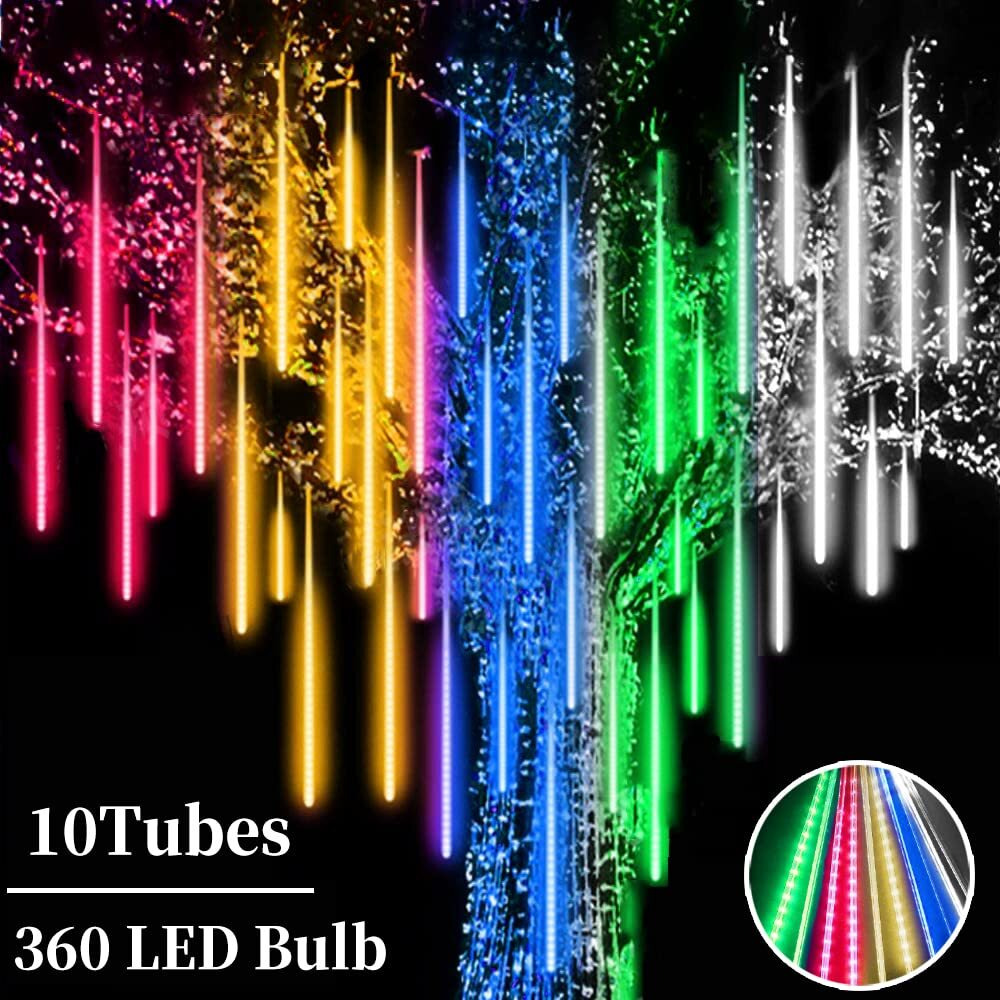 Roytong Waterproof Cascading 10Tube 360Led Meteor Shower Rain Lights Snow Falling Rain Outdoor Light For Christmas Tree Decoration(Colorful, 11.8)