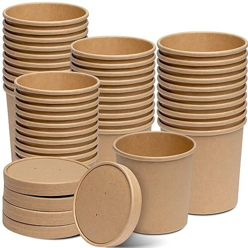 Gusto [16 Oz. - 50 Count Kraft Paper Food Containers With Vented Lids - To Go Hot Soup Bowls, Disposable Ice Cream Cups, Ideal For Hot And Cold Foods- (Formerly Comfy Package)