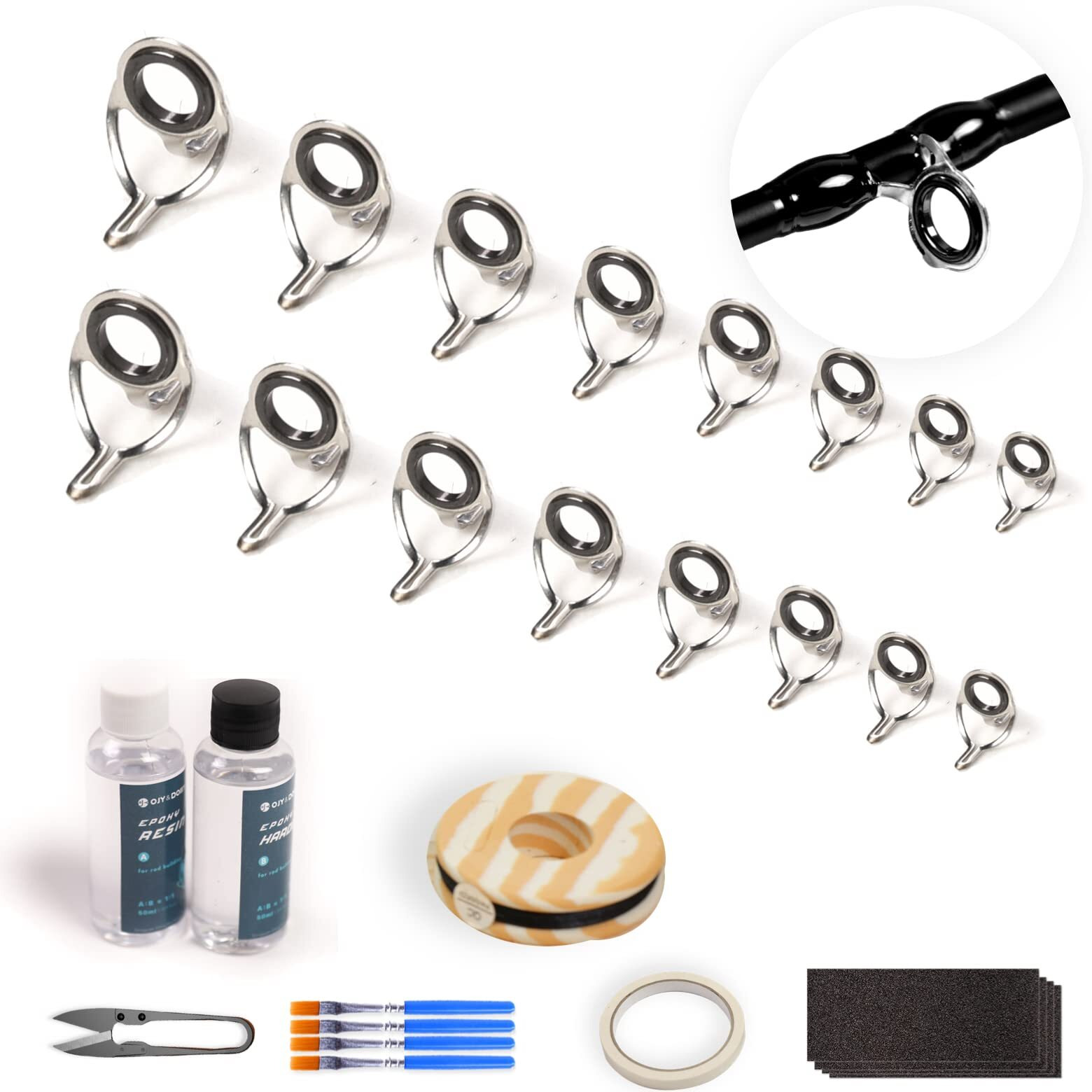 Ojy&Doiiiy Fishing Rod Repair Kit, All-In-One Supplies For Fishing Pole Eyelets Replacement With Rod Guides,Epoxy Glue,Wrapping Thread And Tape