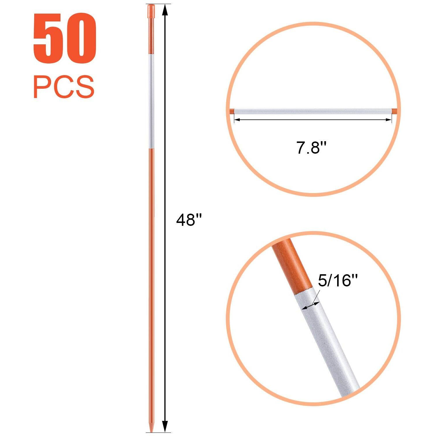 Czc Auto 50Pcs 48 Inch Driveway Marker Reflectors 5/16 Inch Dia Orange Fiberglass Snow Stakes With Reflective Tape For Easy Visibility Reflective Driveway Poles For Snow Plowing With Gloves&Drill Bit