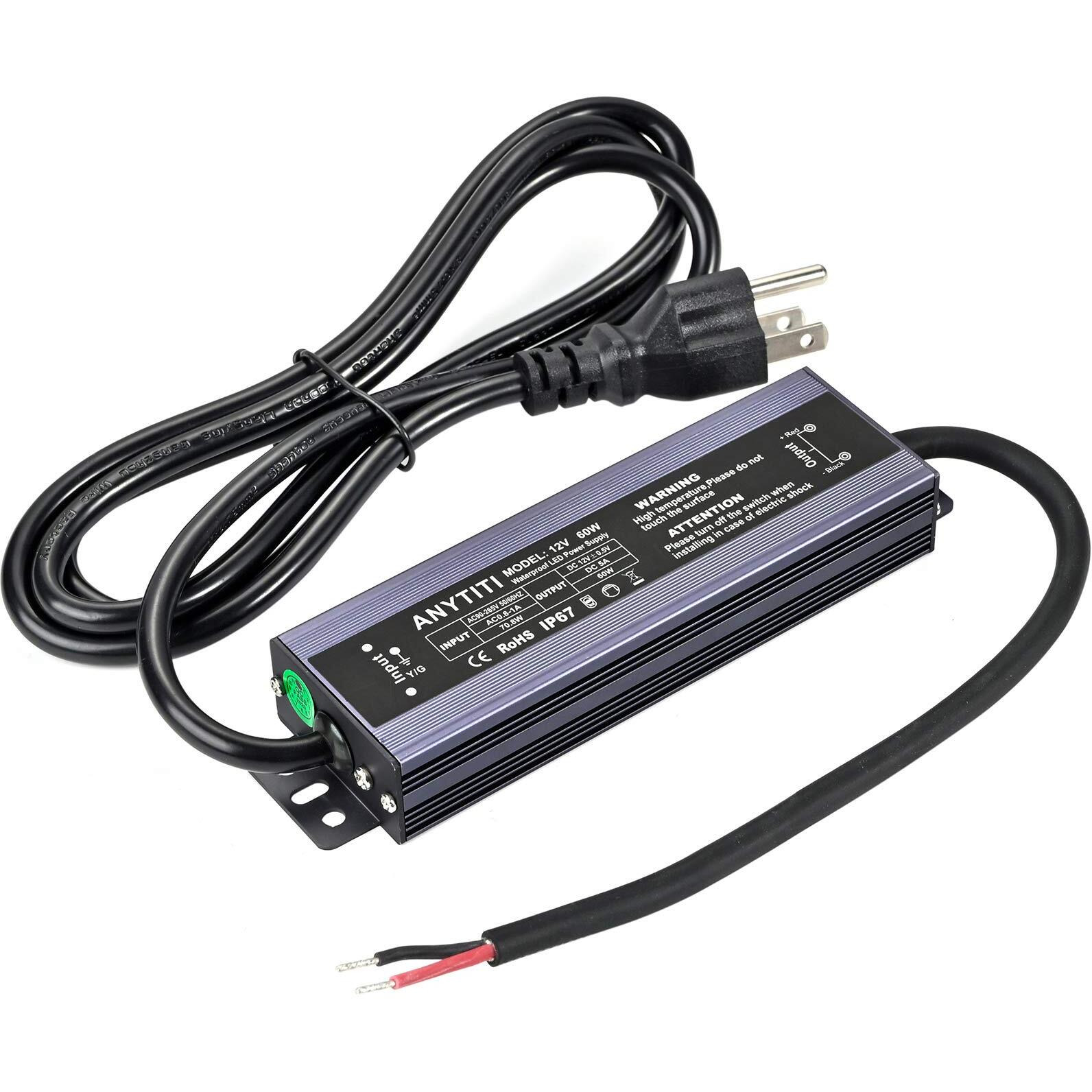 Anytiti Led Driver,Led Power Supply Ip67 Waterproof Output 60W Dc12V 5A 3-Prong Plug 4.5Feet