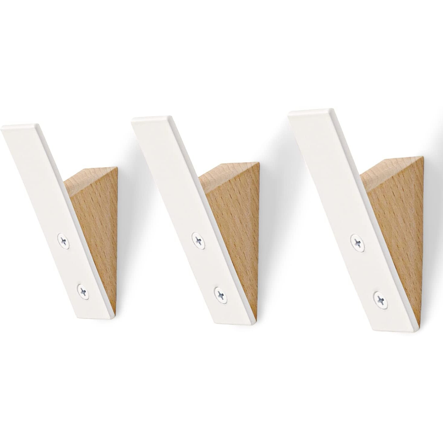 Wall Coat Hook Rack - Set Of 3 - Beech Wood White Metal Hooks For Hanging Coats - Hat Hooks For Wall - Decorative Wall Hooks - Hat Hangers For Wall