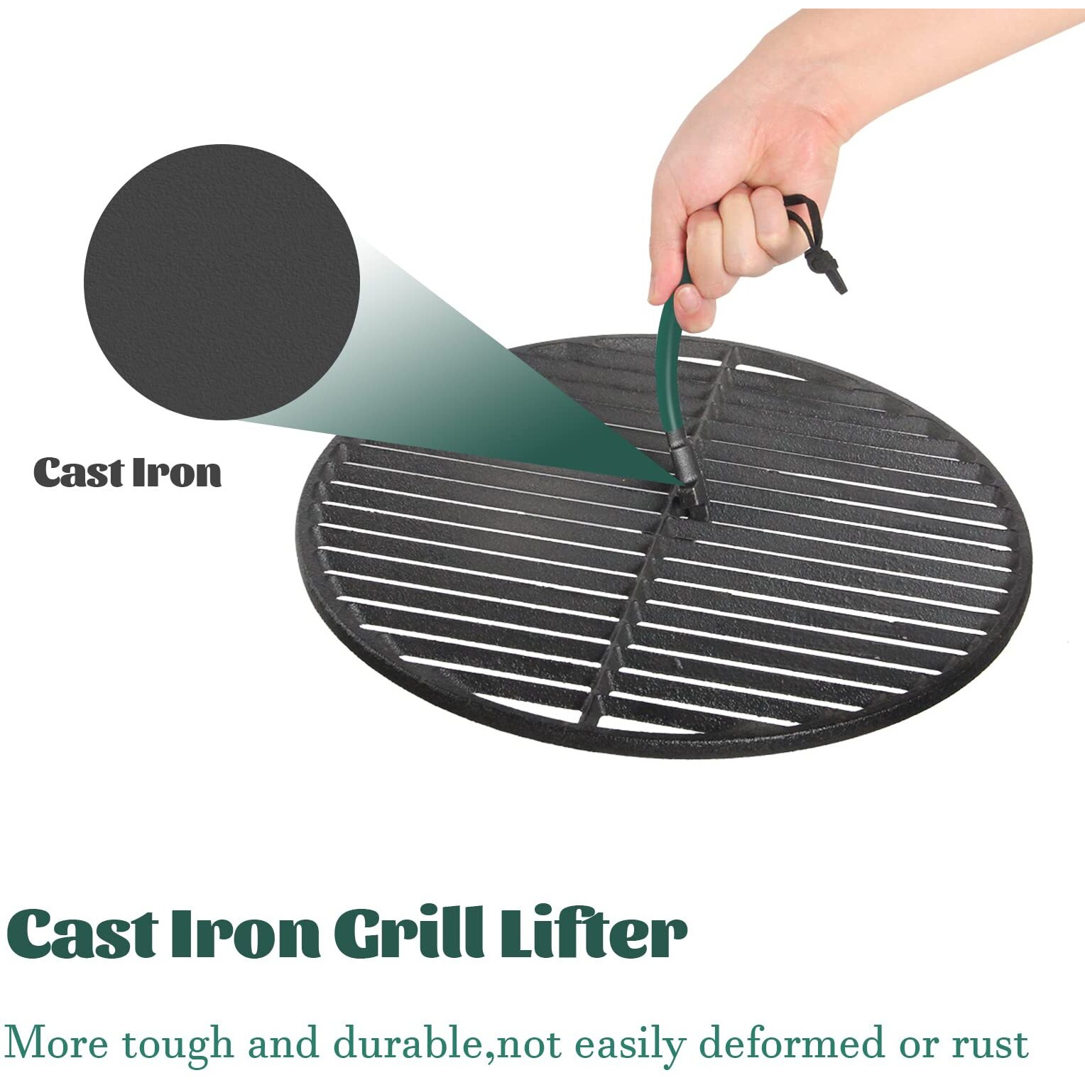 Kamaster Cast Iron Grill Grate Lifter Kamado Grill Accessories Fit Big Green Egg,Primo Vision Louisiana Grills,Grate Lifters With Green Protective Cover For Moving Hot Grate(Green Grate Tool)
