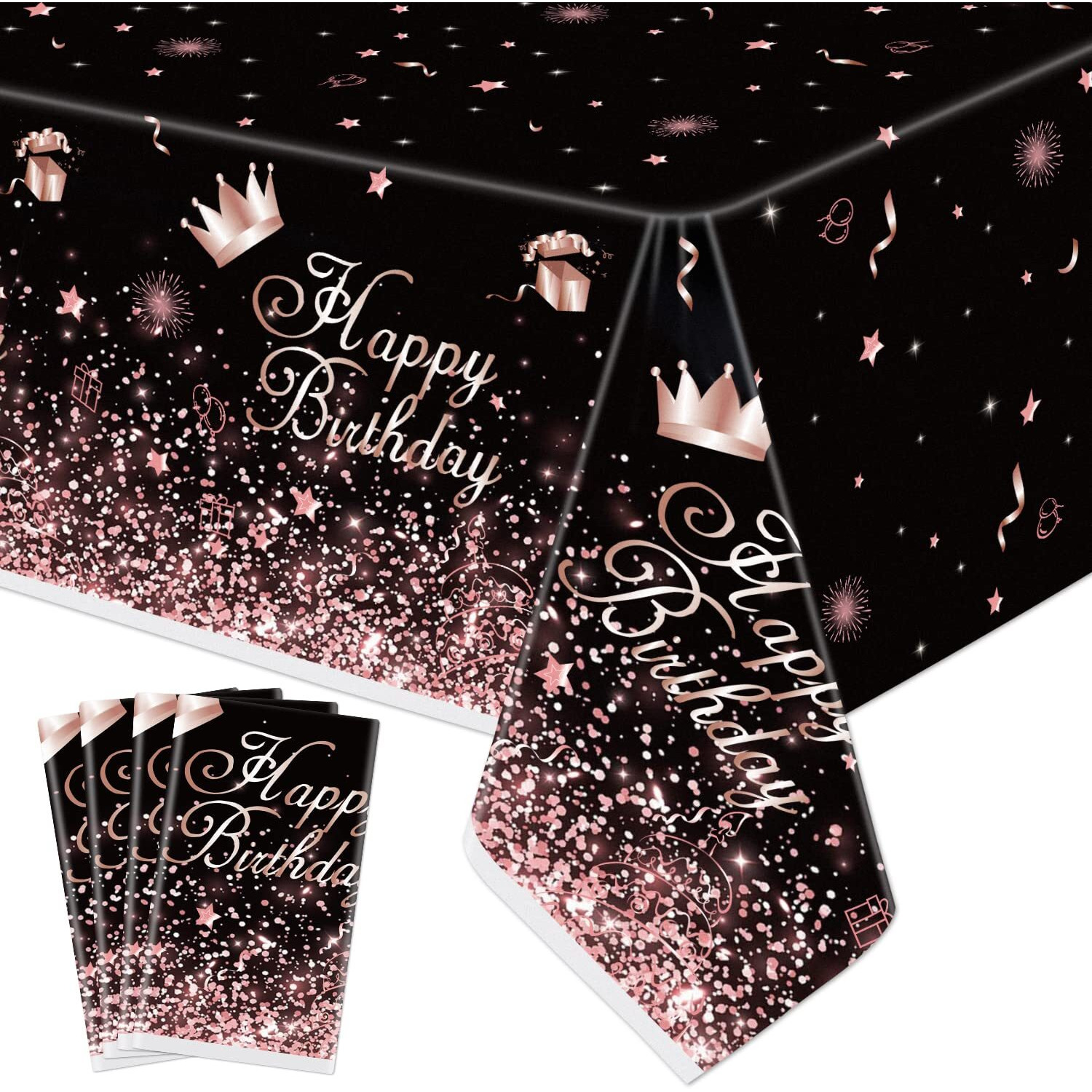 Inspireyee Black Rose Gold Plastic Tablecloth (Pack Of 4), 86 X 51 Inches Black Rose Gold Party Tablecovers For Black Rose Gold Theme Birthday Party Supplies (Black Rosegold